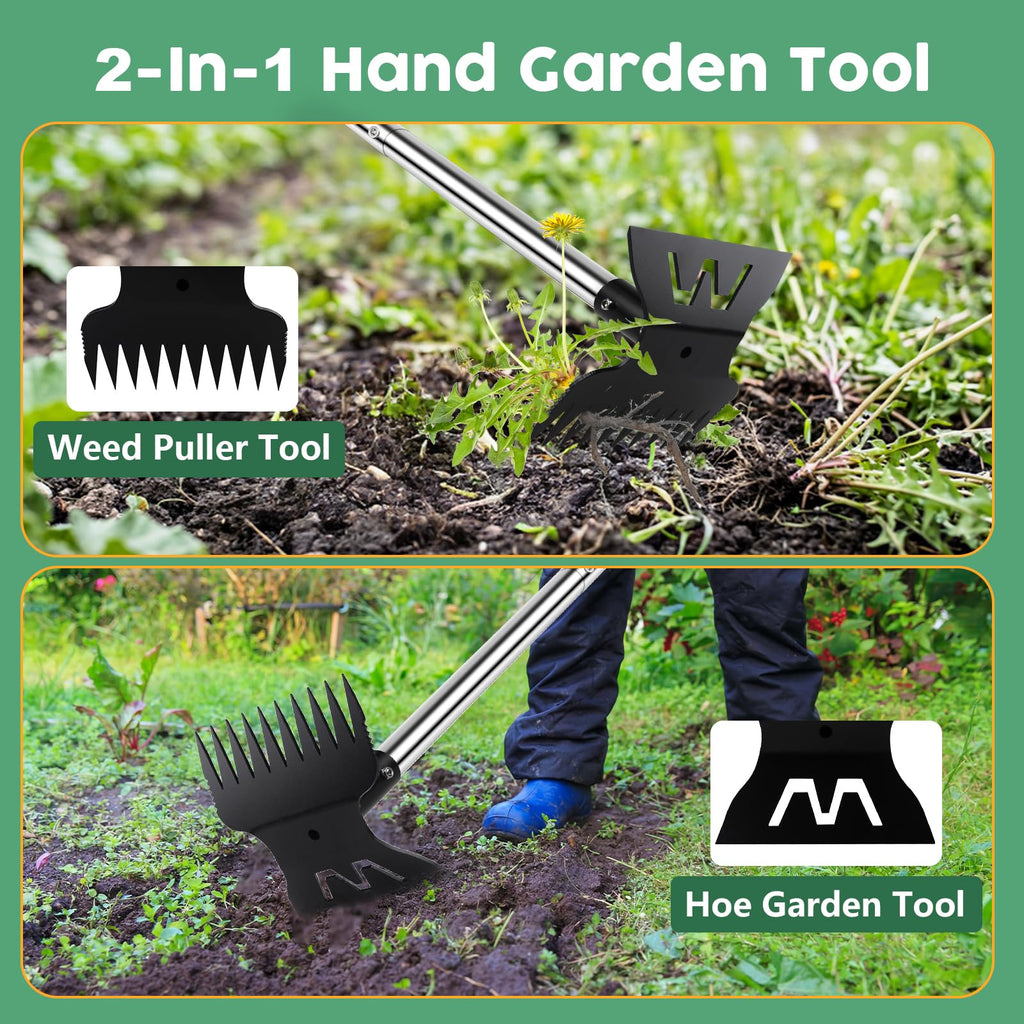 Larger Weed Puller Tool with Long Handle, 2-in-1 Heavy Duty Weed Rake & Hoe
