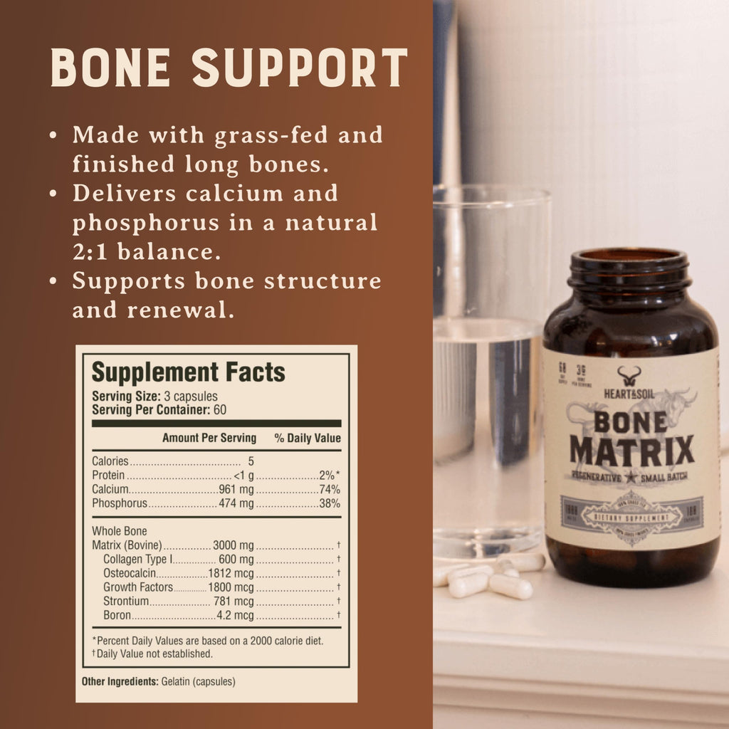 HEART & SOIL Grass Fed Bone Matrix — Supports Bone and Joint Health, Strength, and Flexibility (180 Capsules)