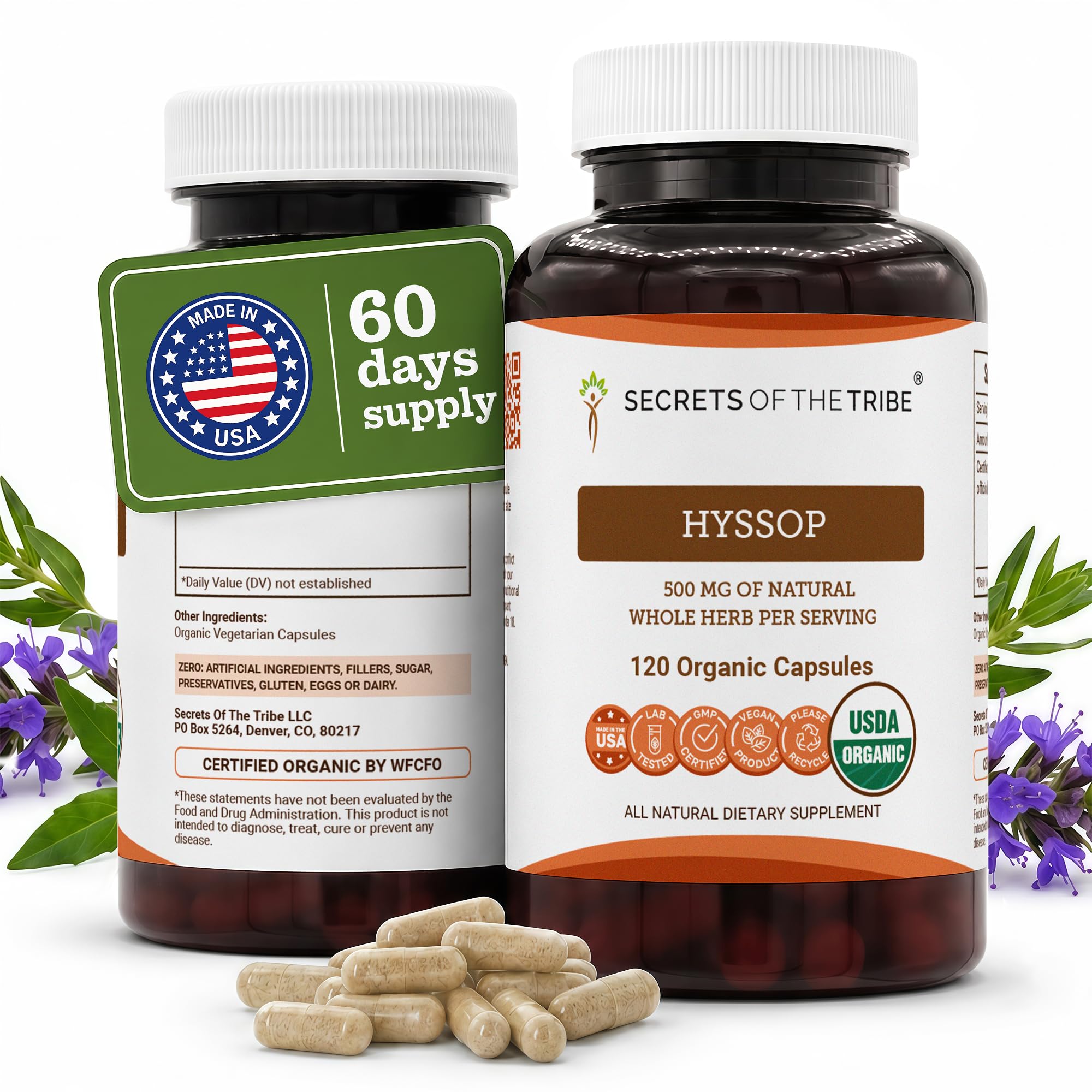 Secrets of the Tribe Hyssop USDA Organic Capsules | Certified Organic Vegetarian Capsules, Herbal Dietary Supplement | Hyssopus officinalis Dried Herb (120 Count)