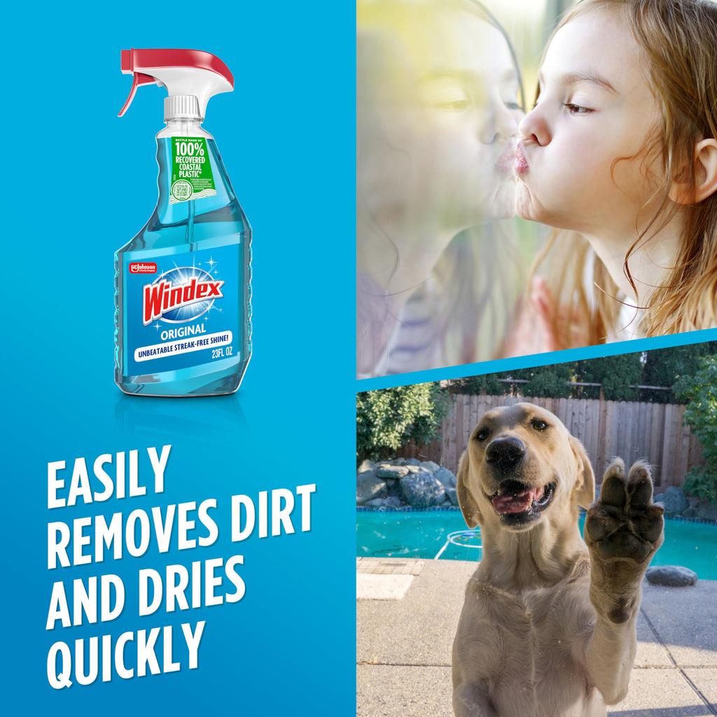 Windex Glass and Window Cleaner Spray Bottle, Bottle Made from 100% Recycled Plastic, Surface Cleaning Spray, Original Blue Scent, 23 Fl Oz (Pack of 6)
