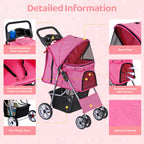 ZENY Foldable Pet Stroller, Cat/Dog Stroller with 4 Wheel, Pet Travel Carrier Strolling Cart with Storage Basket, Cup Holder (Pink)