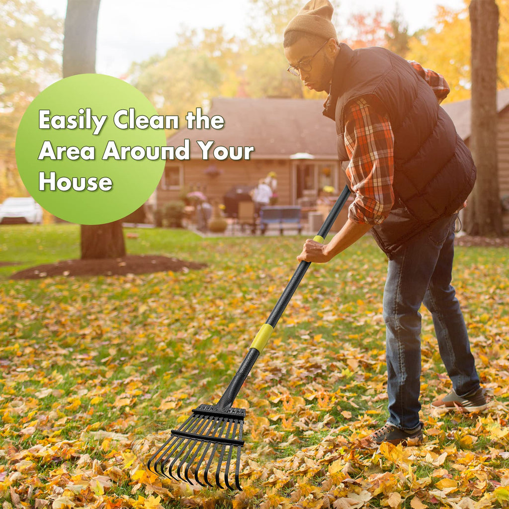 Rake for Leaves, Heavy Duty Small Leaf Rakes for Lawns & Yard with 60” Length 8.5” Width 11 Metal Tines, Lightweight Gardening Rake for Women Men Kids for Shrub,Grass,Mulch