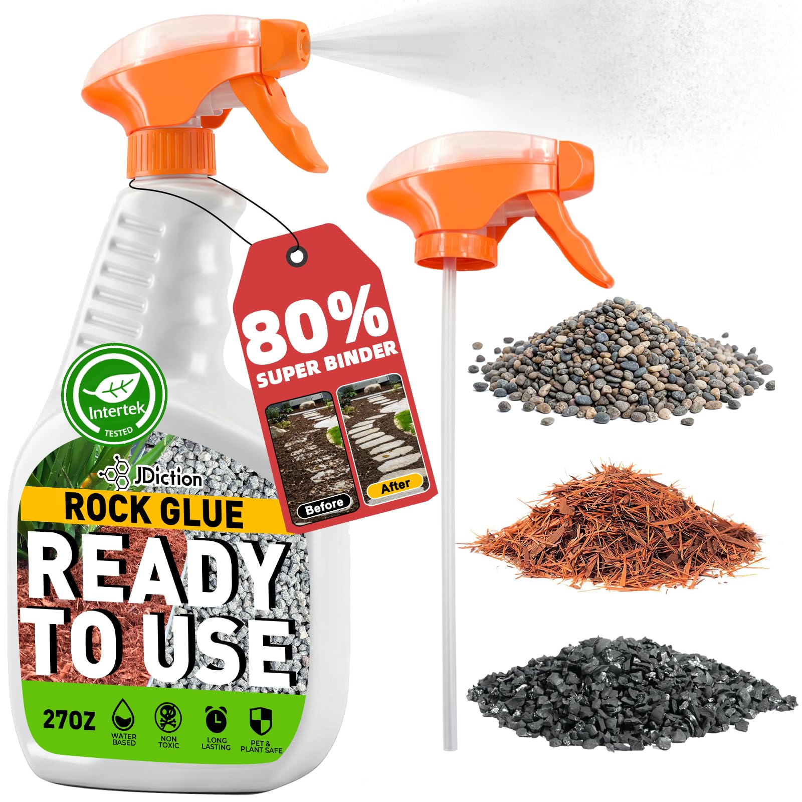 JDiction Rock Glue for Landscaping with Sprayer 27OZ - Ready to Use Mulch Adhesive, Landscape Glue Spray for Rocks, Pea Gravel, Stones, Weather Resistant Mulch Binder, Pets Safe, Lasts 2 Years