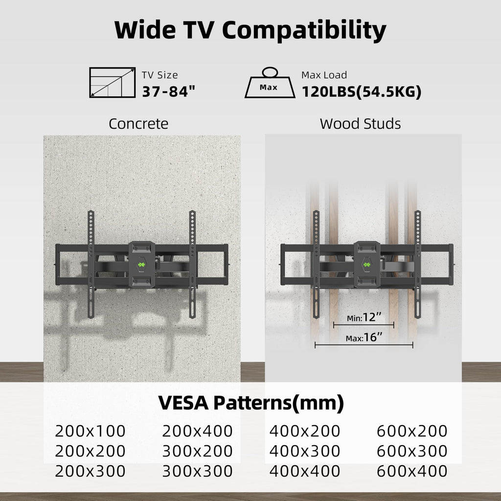 Full Motion TV Wall Mount for Most 37"-84" Flat Screen TV, Swivel or Tilt TV Wall Bracket with Dual Articulating Arms, for 12"-16" Wood Studs, Max VESA 600x400mm, Load 120 lbs by USX MOUNT