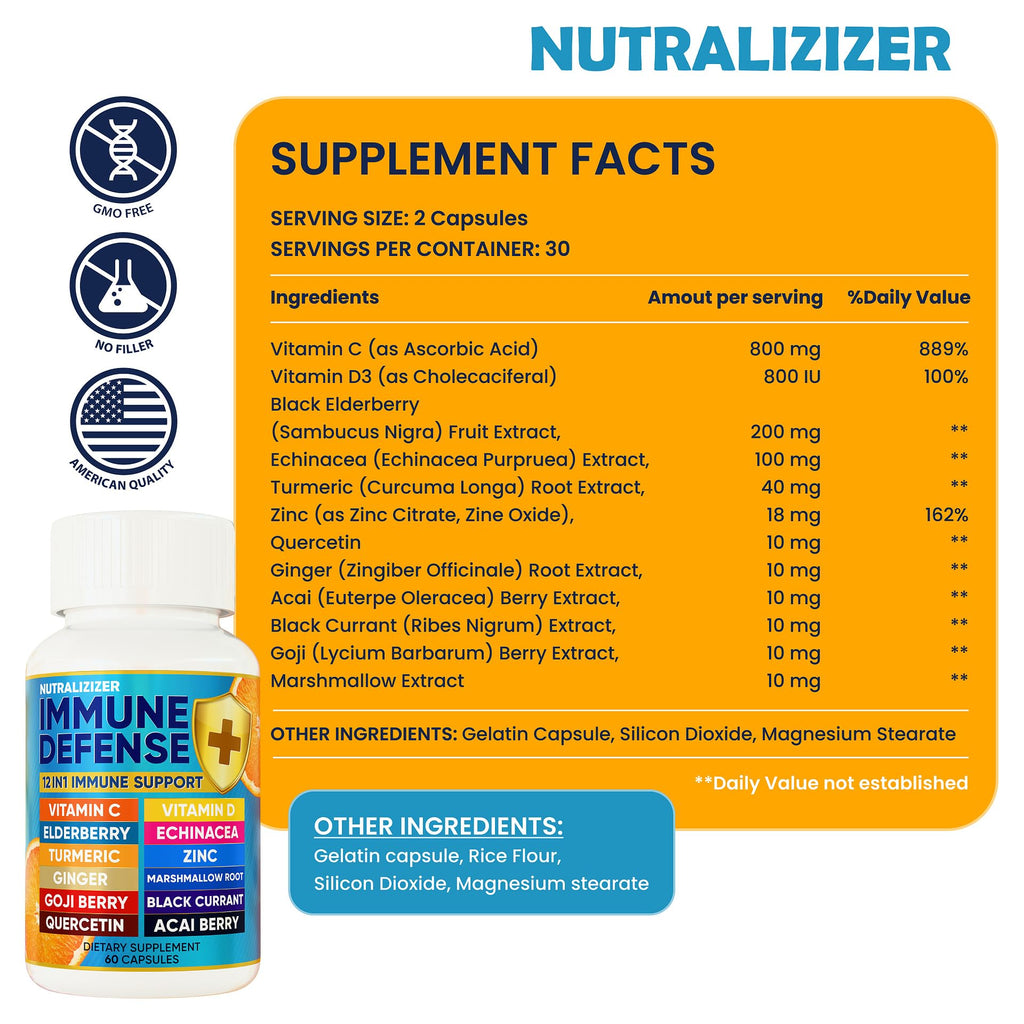 12 in 1 Immune Defense Vitamins - Immune Support Supplement w/VIT D3, Vitamin С, Zinс, Echinacea, Elderberry, Ginger &More - Natural Immunity System Booster - Immune & Muscle Health 120cs
