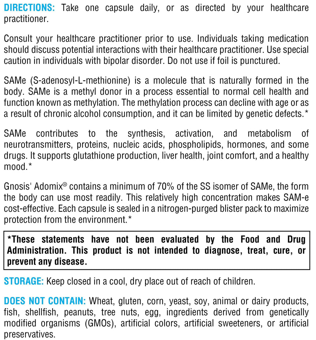 XYMOGEN SAM-e - S-Adenosyl-L-Methionine Supplement for Methylation & Cell Health Support - Gnosis’ Adomix SS Isomer - Nitrogen-Sealed Vegan Capsules - Gluten-Free & Non-GMO - 30 Capsules