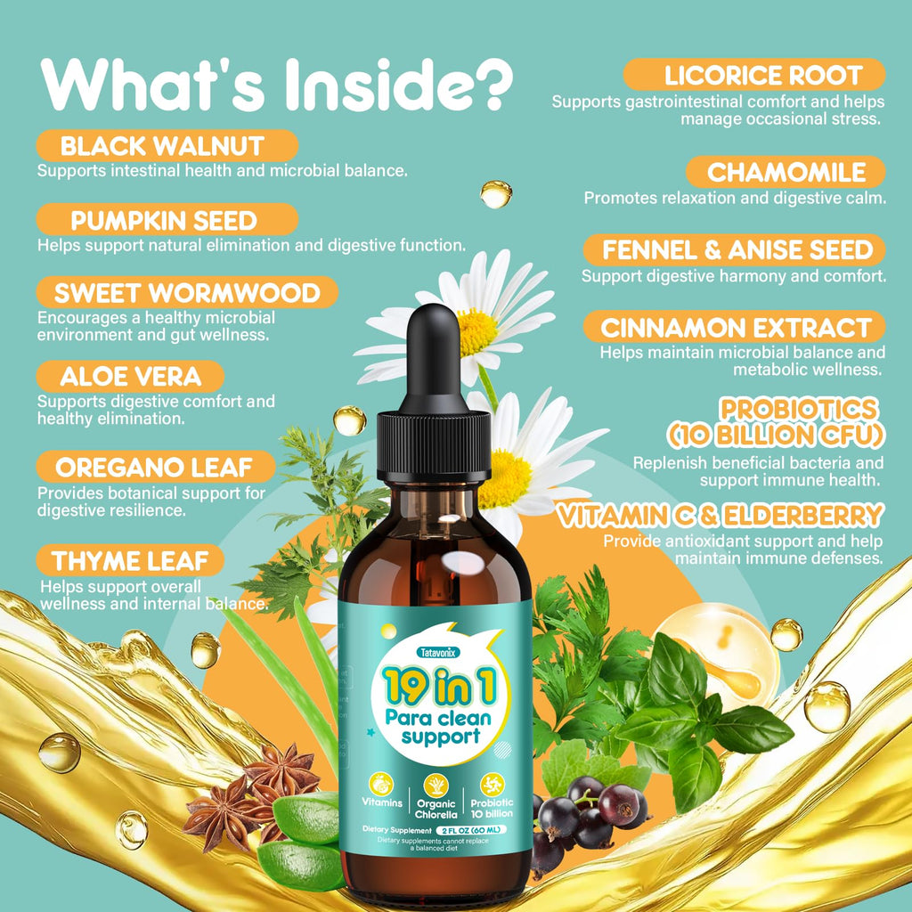 Tatavonix 19 in 1 Herbal Gut Cleanse Drops – Wormwood, Black Walnut, Chlorella 250mg, 10B Probiotics, Clove & Oregano – Liquid Detox Support for Adults & Kids, Alcohol-Free, 2oz