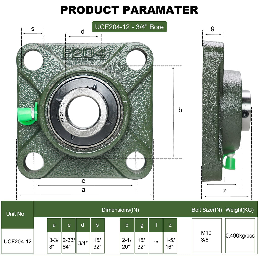 2 Pack UCF204-12 Pillow Block Bearing - Square Flange 4 Bolt Bearing - Bearing Steel with 3/4 inch Bore - Self Alignment