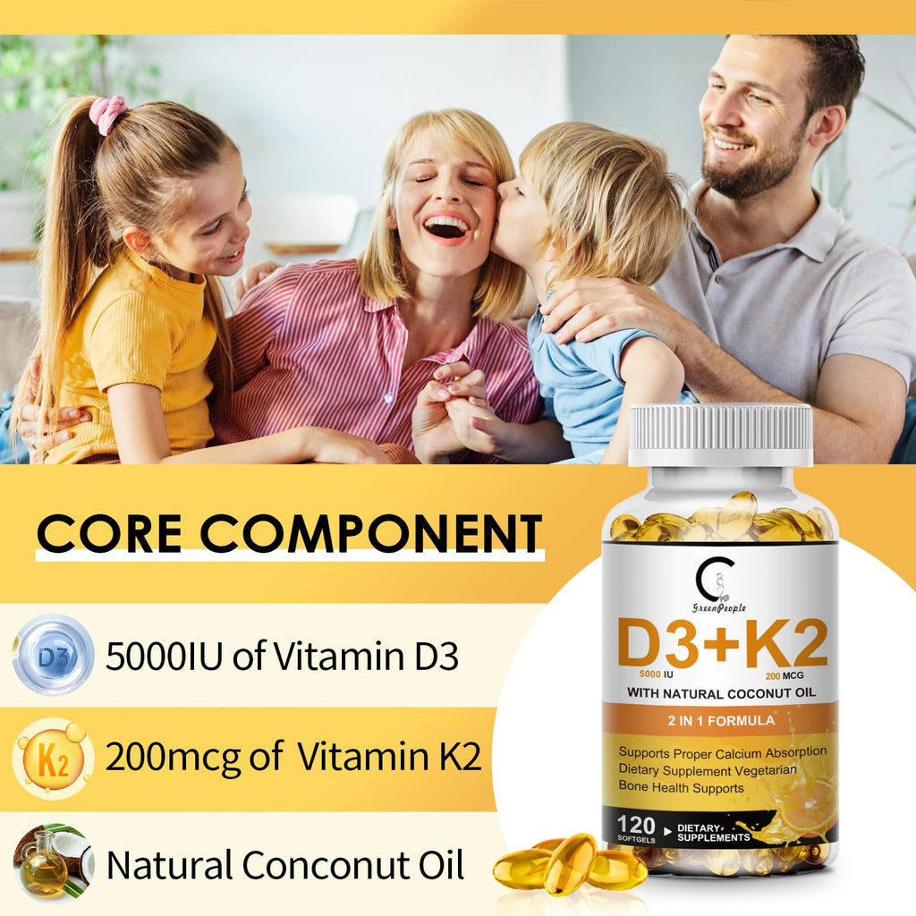 Vitamin D3 K2 Supplement with Vitamin D3 5000 IU, 200 mcg Vitamin K2 MK-7 & Natural Coconut Oil, Plant Based 2-1 Formula for Bone, Teeth, Muscle and Immune Health Support,120 Softgel Capsules