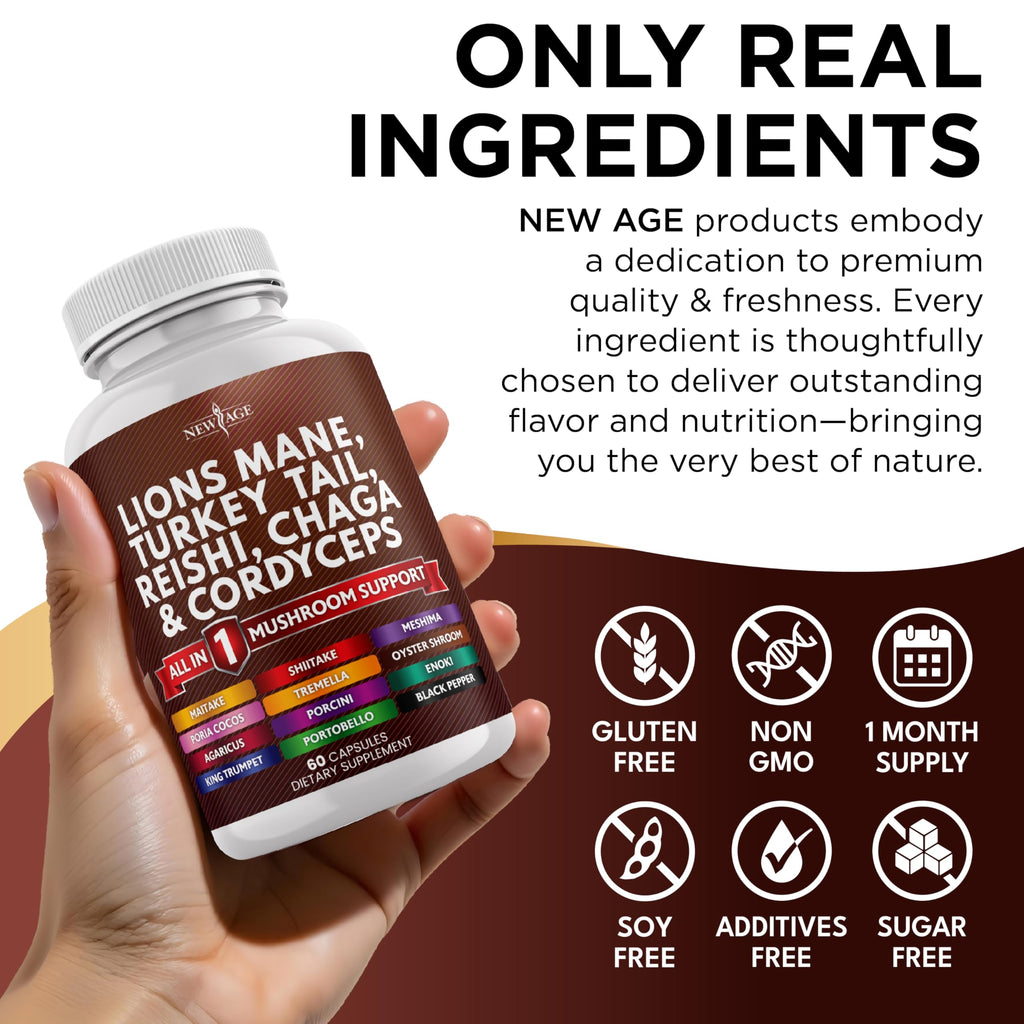NEW AGE Lions Mane Mushroom Supplement with Turkey Tail Reishi Cordyceps Chaga with Marshmallow Root 180 Count