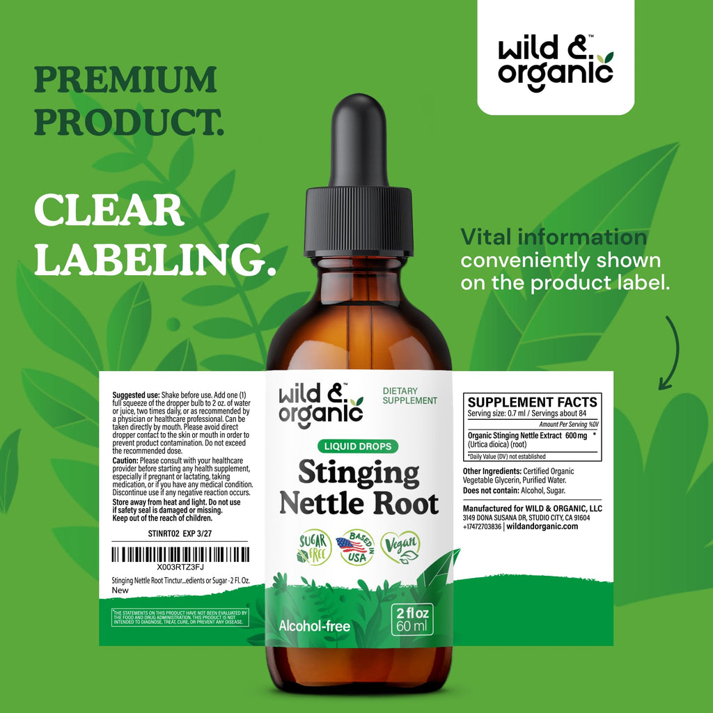 Wild & Organic Stinging Nettle Root Drops - Stinging Nettle Extract Tincture for Men & Women - Liquid Urtica Dioica Supplement - Vegan, Sugar & Alcohol-Free - 2 fl oz