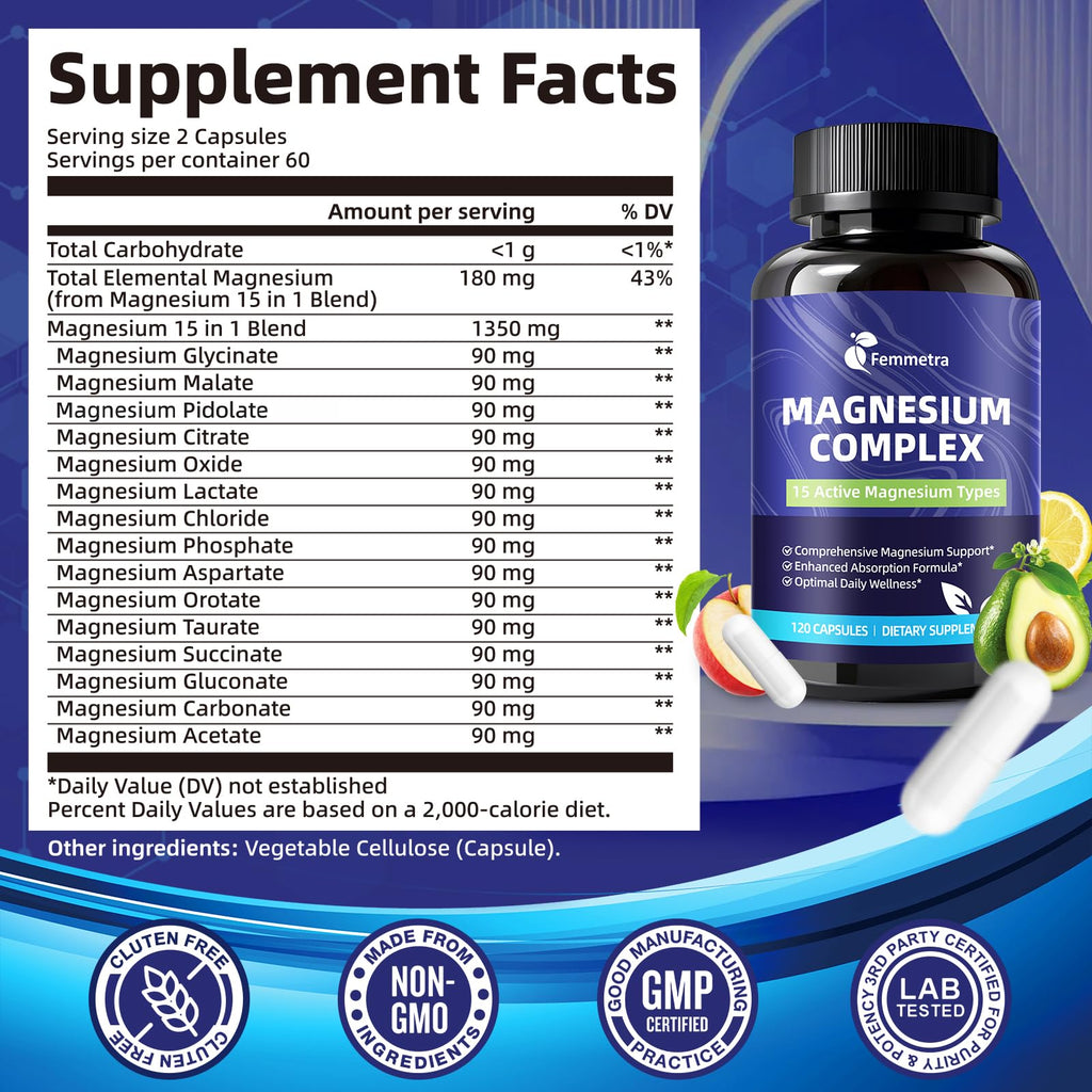 Magnesium Complex for Women Men 1350mg 15 in 1 Pure Magnesium Supplement with Magnesium Glycinate Citrate Malate Taurate Oxide Magnesio, for Muscle, Heart, Relaxation & Nerve Support, Vegan 60 Days