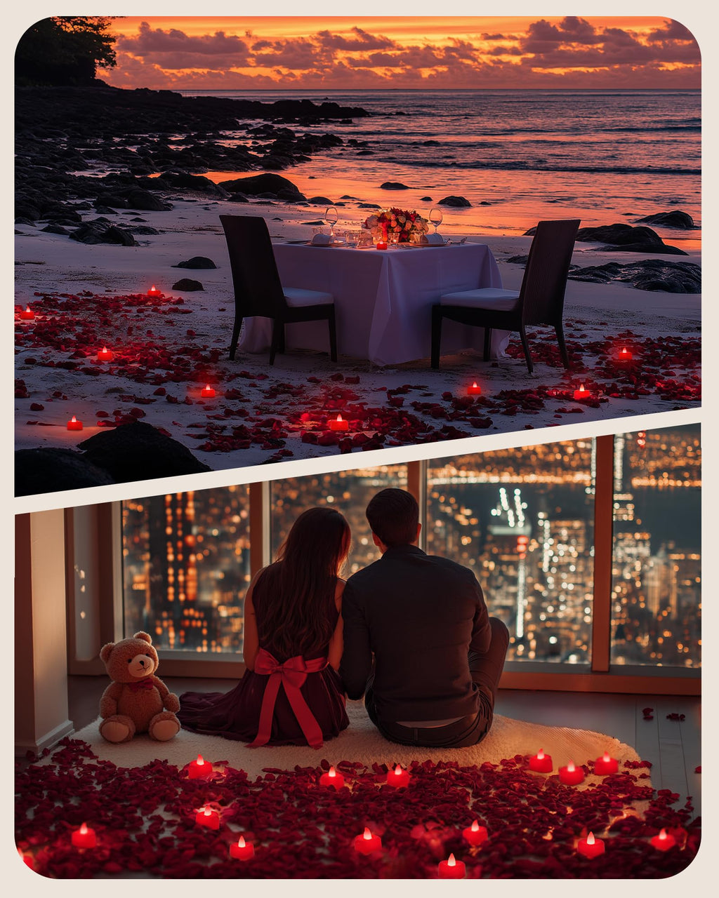 Amagic 4000 Pieces Red Artificial Rose Petals with 50 Red Heart LED Tea Lights, Rose Petals and Candles Set for Proposal, Anniversary, Romantic Night, Wedding Decor