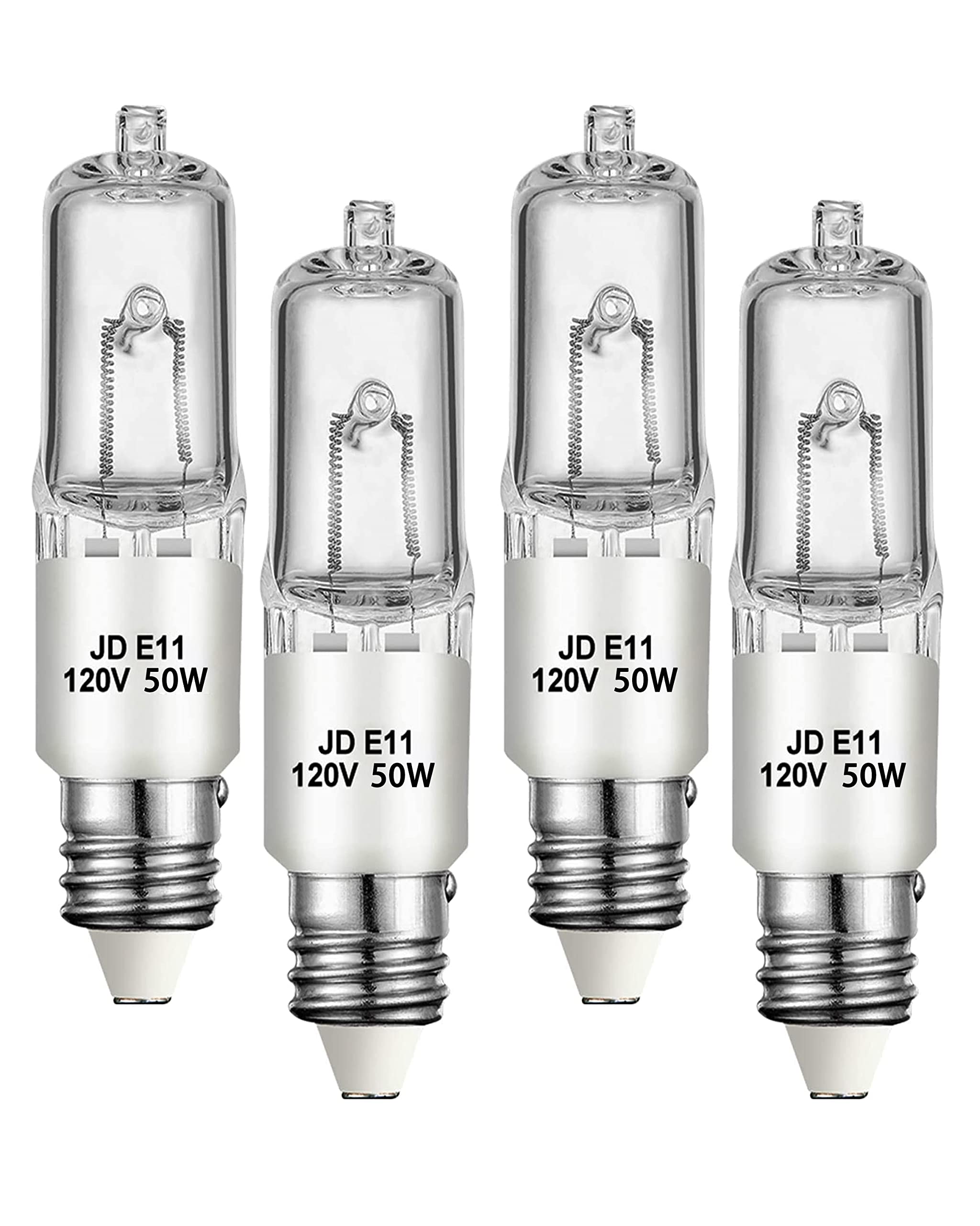 Jaenmsa 4 Pack JDE11 Bulb,120V 50W Halogen Mini Candelabra Bulbs,T4 JD E11 Bulb Dimmable 2700K Warm White(Replacement E11 LED Bulbs) for Chandeliers,Candelabra,Ceiling Fan,Table Lamps,Cabinet Lighting