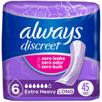 Always Discreet Adult Incontinence Pads for Women, Drier, 6 Drop Long Length, Extra Heavy Absorbency, Pads for Bladder Control Management, Bladder Leaks, & Postpartum Pads, 45ct