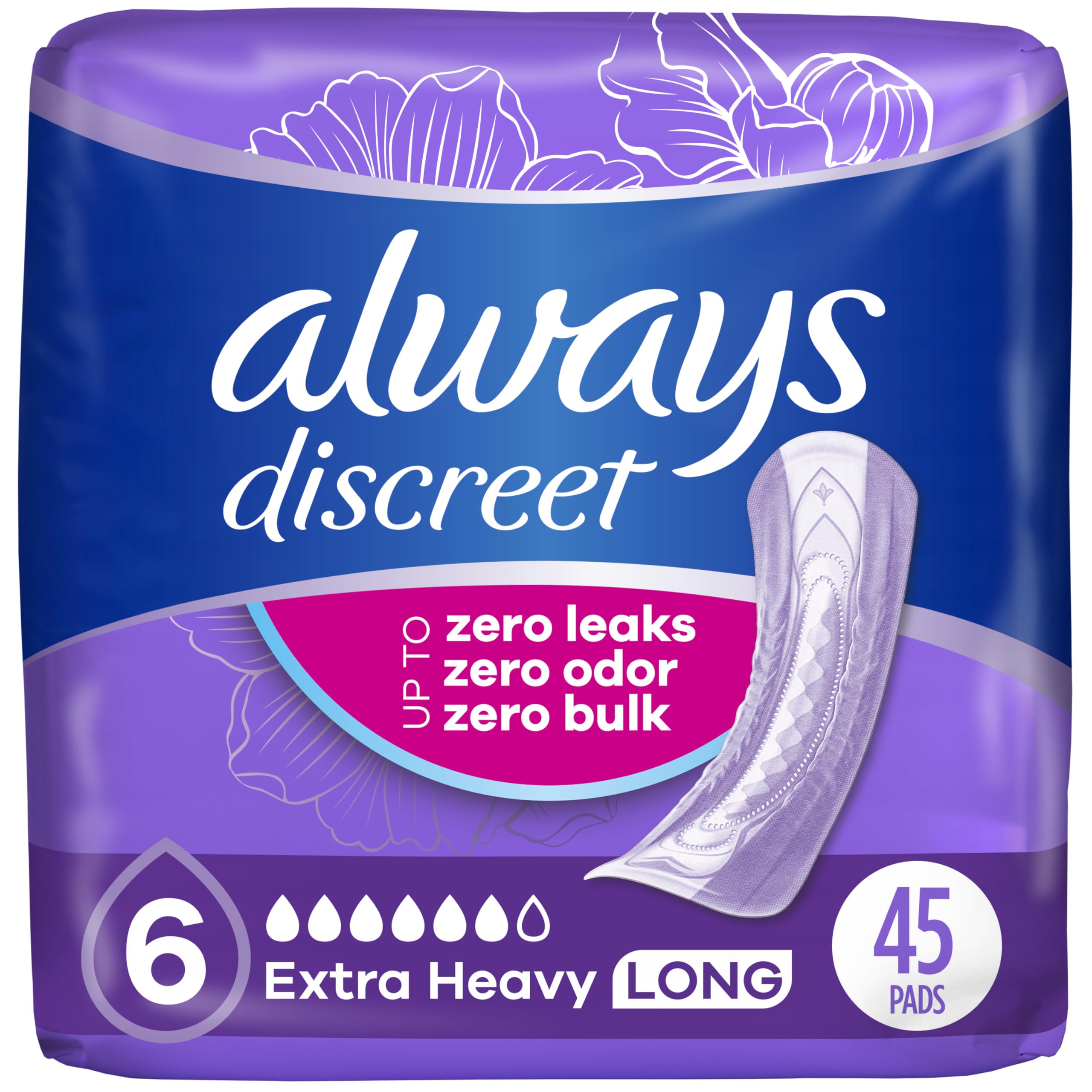 Always Discreet Adult Incontinence Pads for Women, Drier, 6 Drop Long Length, Extra Heavy Absorbency, Pads for Bladder Control Management, Bladder Leaks, & Postpartum Pads, 45ct