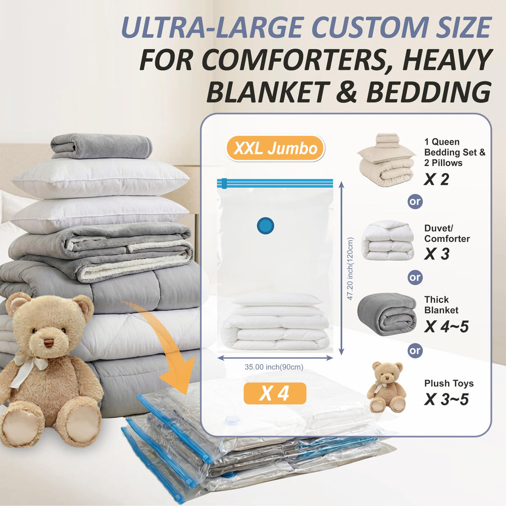 4 XXL Jumbo Vacuum Storage Bags for Bedding, Space Saver with Hand Pump