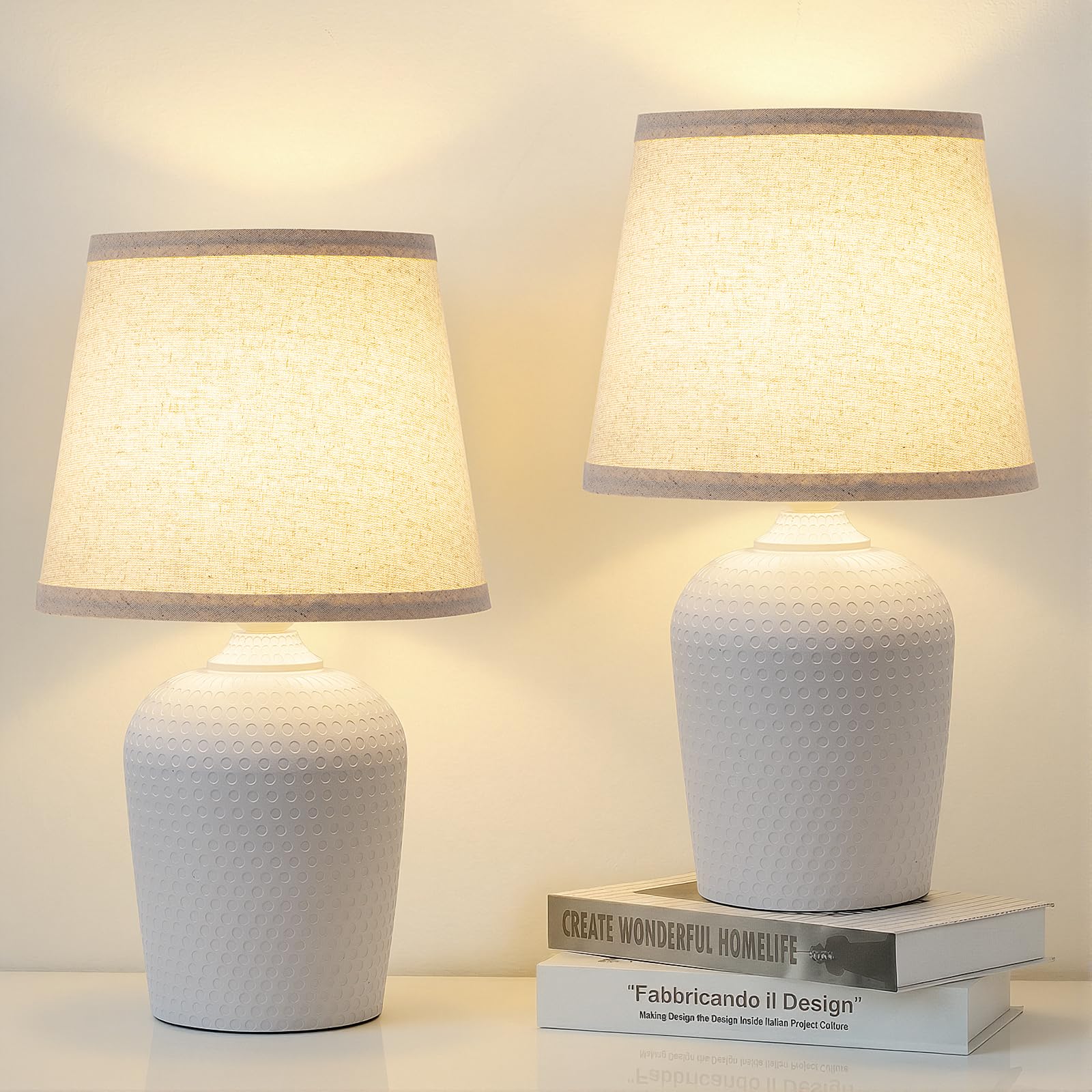 Sucolite 16'' Table Lamps Set of 2, Bedside Nightstand Lamps for Bedroom Kid’s Room, Cute Desk Lamps with Studded Texture Base for Reading Nursery Living Room Office,Beige & White