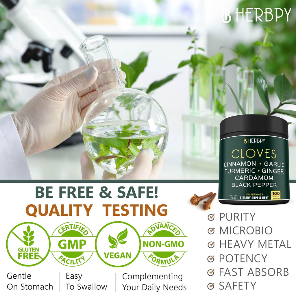 Herbpy 7in1 Clove Supplement Rich in Vitamins & Minerals Supports Digestion, Immune & Heart Health with Cinnamon, Turmeric, Ginger, Cardamom, Garlic & Black Pepper - 100 Vegan Capsules