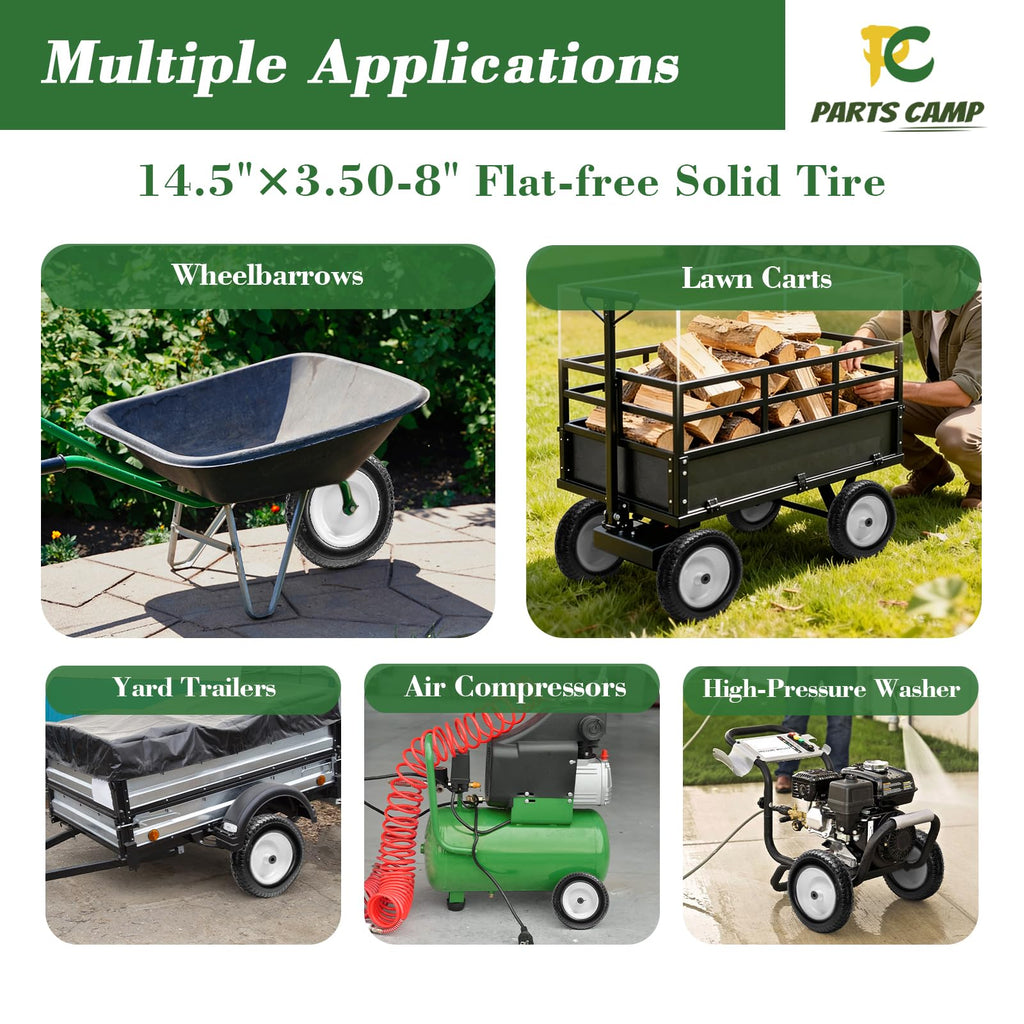 Parts Camp 14.5" Flat Free Wheelbarrow Tire 3.50-8 Wheelbarrow Tires 2 Pack