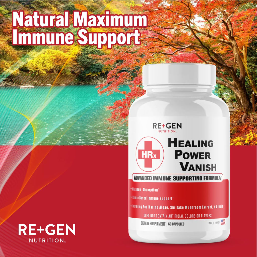 Re+Gen Nutrition Herp Rescue Healing Power Vanish, Immune Support for Women, Mushroom Supplement, Pure Shiitake Mushroom, Beta Glucan, Red Marine Algae, 60 Capsules