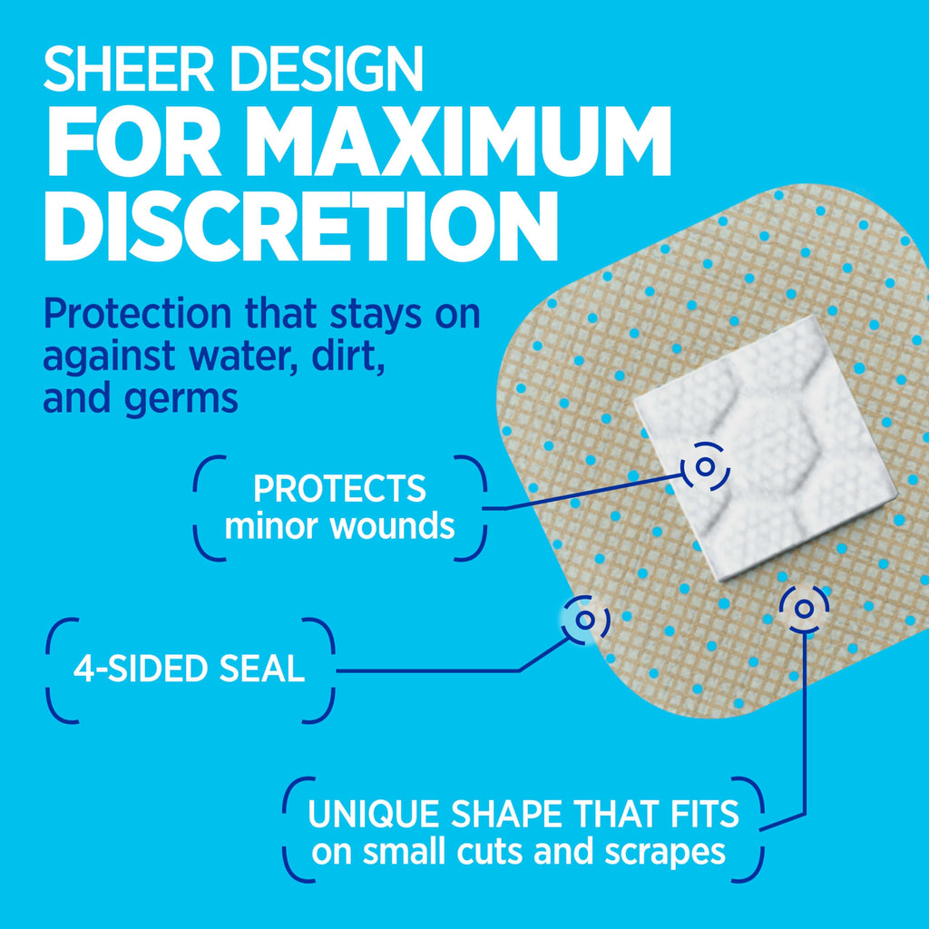 BAND-AID Brand Sheer Spots Adhesive Small Square Bandages, Sterile, Individually Wrapped Discreet First Aid & Wound Care for Minor Cuts & Scrapes, Quilt-Aid Comfort Pads, One Size, 50 ct