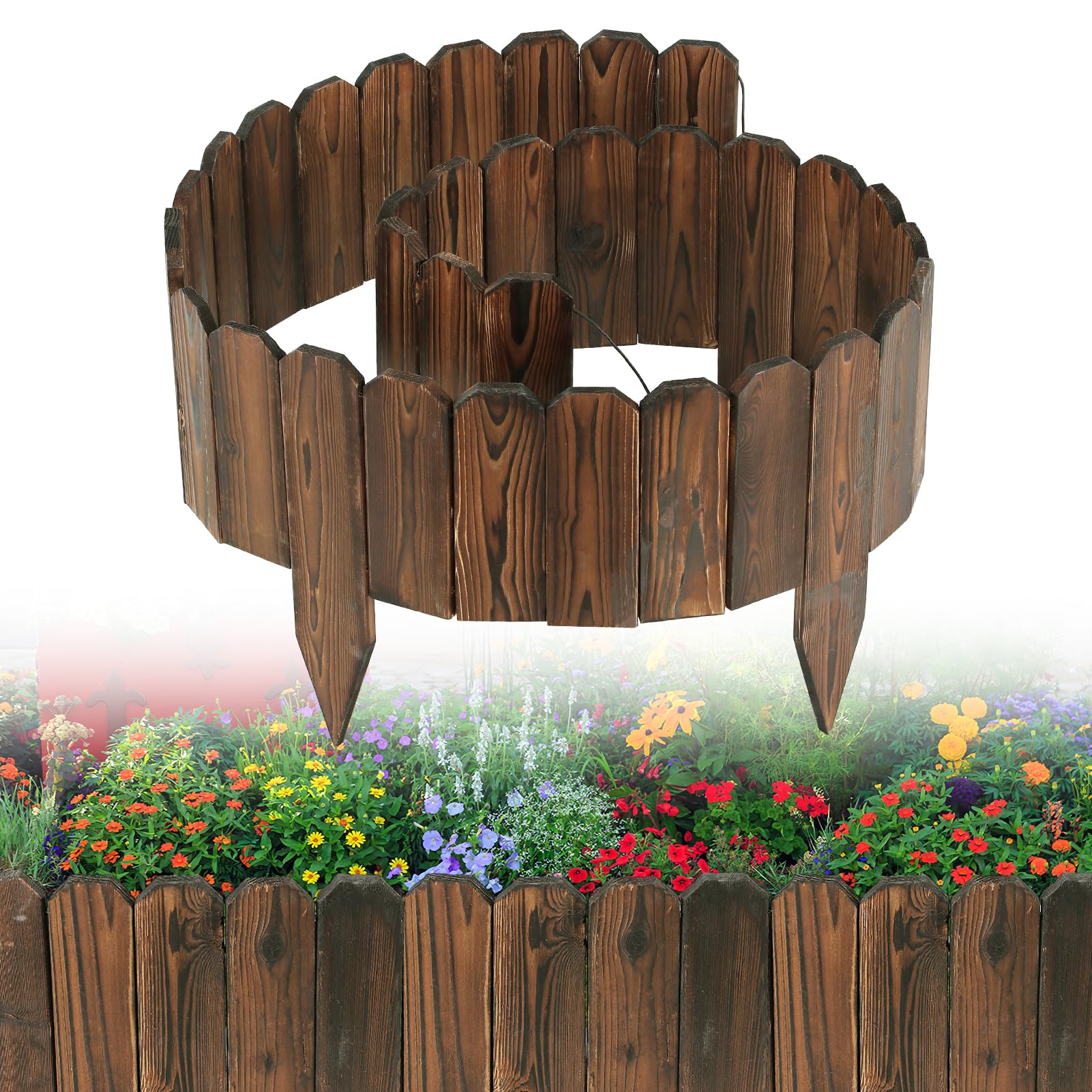 Rustic Pine Wood Landscape Edging - 7.8ft L x 8in H Garden Fence Border, Easy to Install Sturdy Wooden Planter Fencing for Yard Flower Bed Lawns Pathway Tree