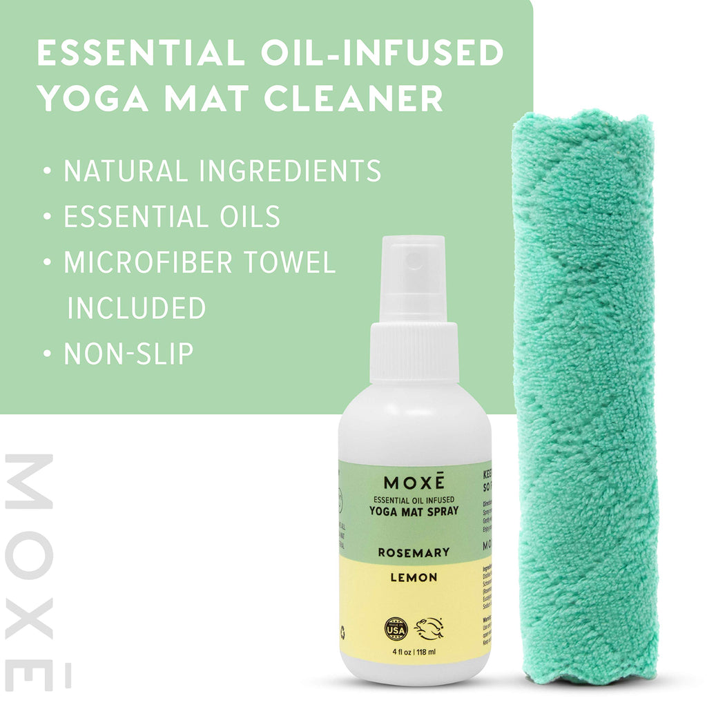 MOXE Yoga Mat Cleaner Spray, Rosemary & Lemon Essential Oil, Safe for All Mats & Exercise Equipment, Odor & Sweat Protection, Includes Microfiber Cleaning Towel, Green America Certified, 4 Oz (2 Pack)