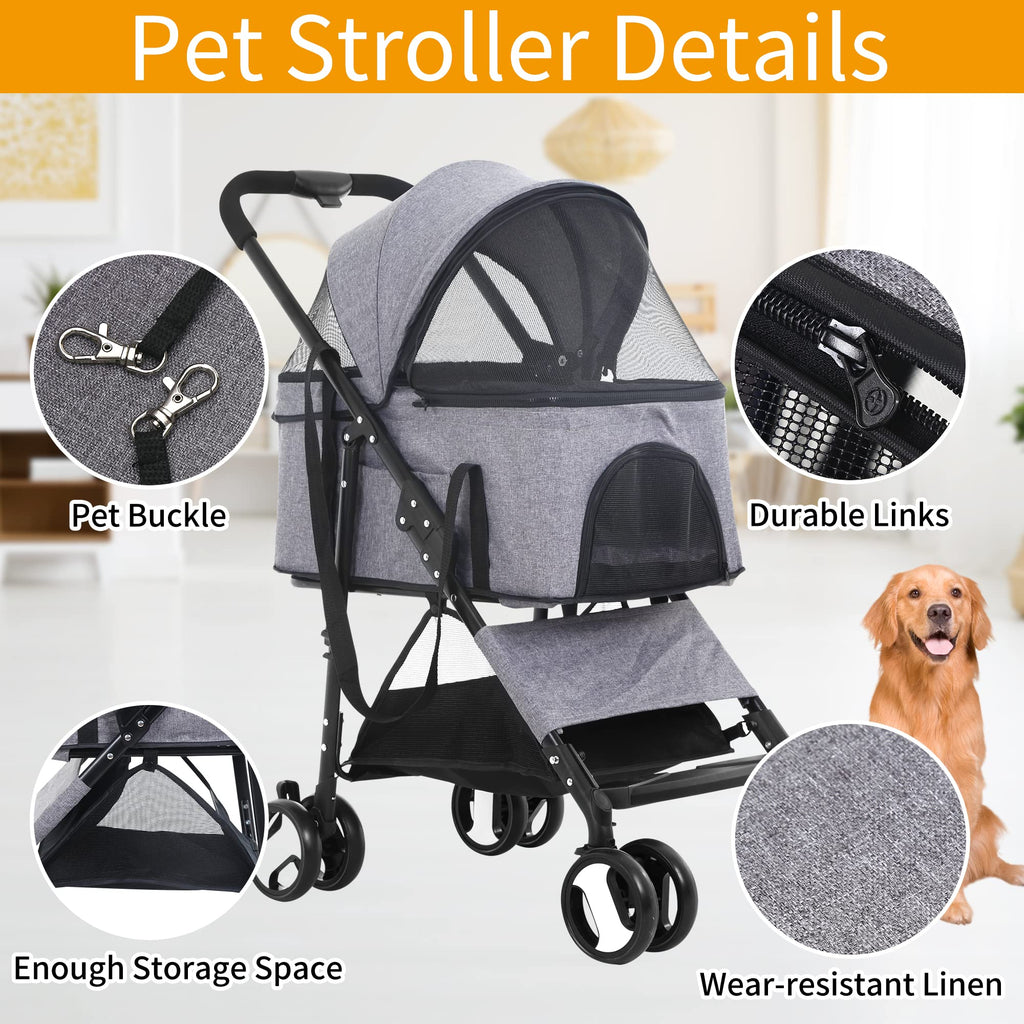 BLKMTY Dog Stroller 3-in-1 Folding Pet Strollers Cat 4 Wheels w/Storage Basket Dog Carrier Trolley One-Button Switch Travel Stroller with Safety Belt Detachable Carrier, Grey