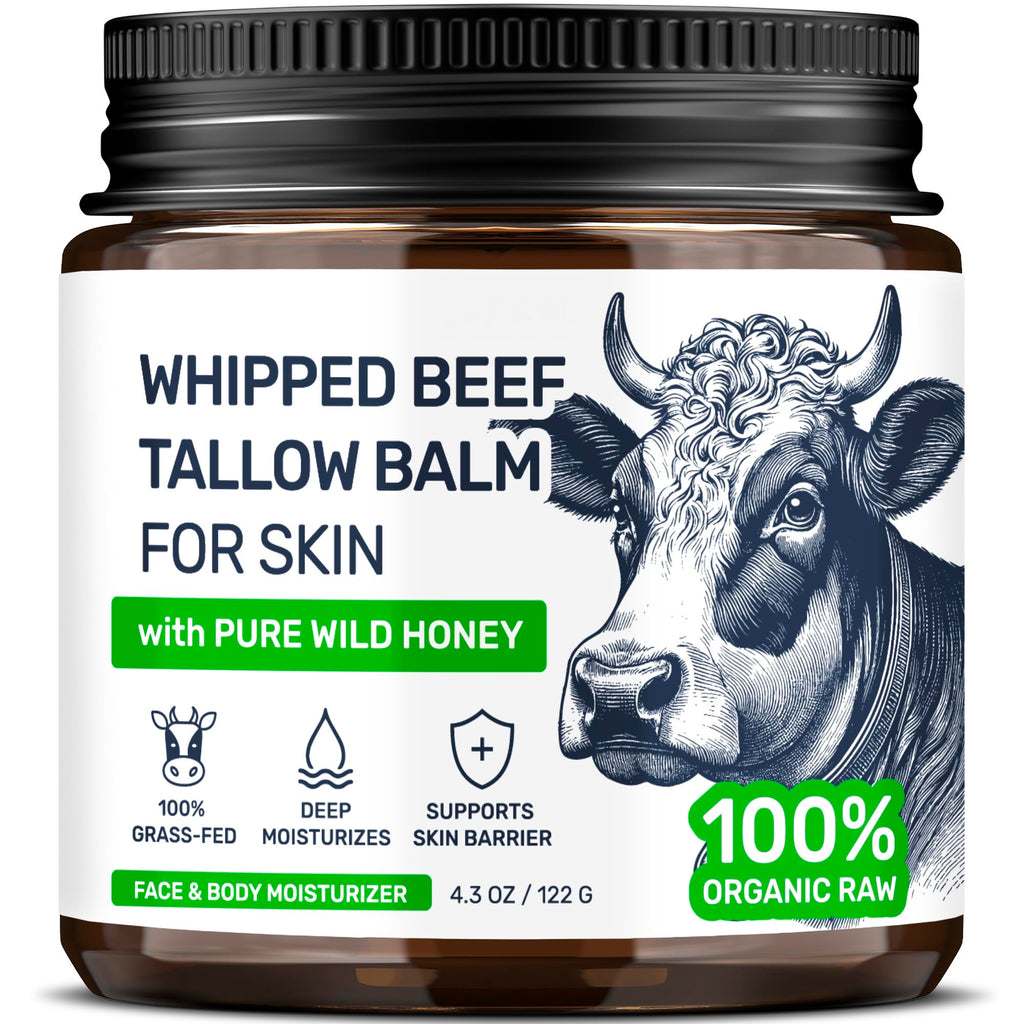Beef Tallow for Skin – Grass Fed Whipped Tallow and Honey Balm, Face and Body Moisturizer with Beeswax and Wild Honey, 3-Ingredient Fragrance Free Non Comedogenic Formula for Dry Sensitive Skin