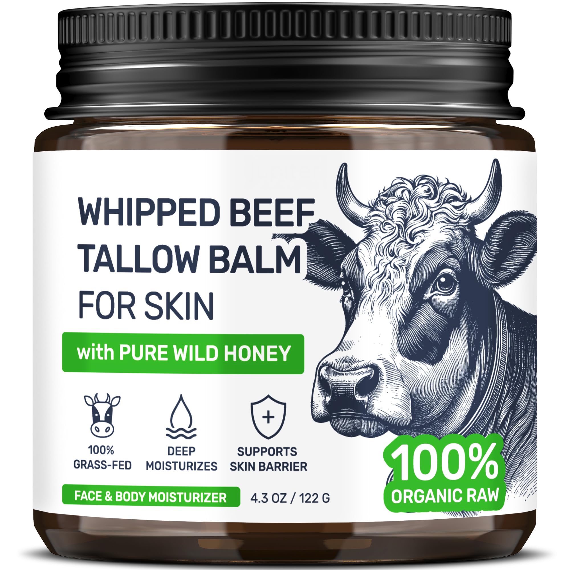 Beef Tallow for Skin – Grass Fed Whipped Tallow and Honey Balm, Face and Body Moisturizer with Beeswax and Wild Honey, 3-Ingredient Fragrance Free Non Comedogenic Formula for Dry Sensitive Skin