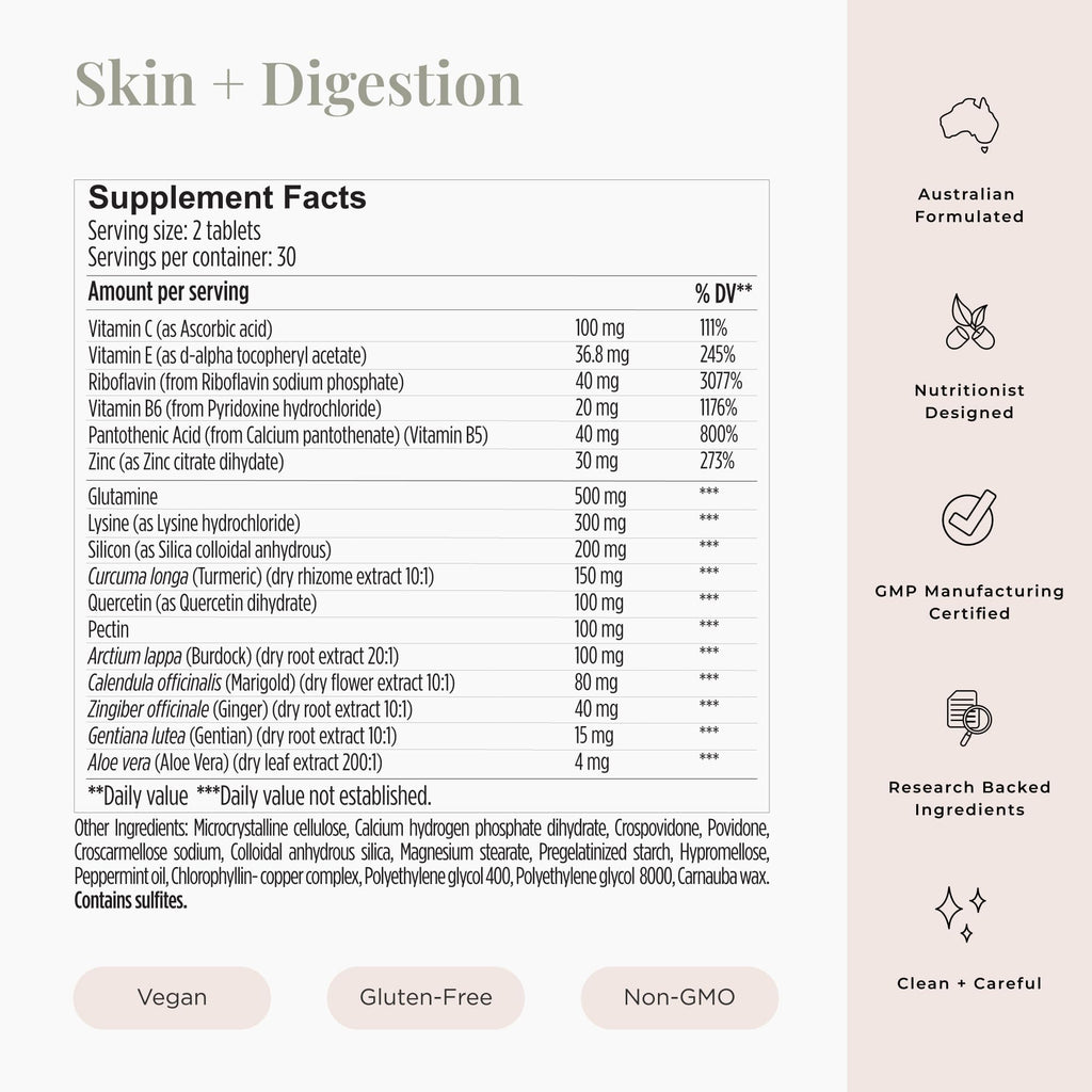 JSHealth Skin and Digestion Formula. Clear Skin Supplement with Zinc, Burdock, Turmeric. Supports Healthy Skin and Digestive Comfort. Vegan (60 Tablets)