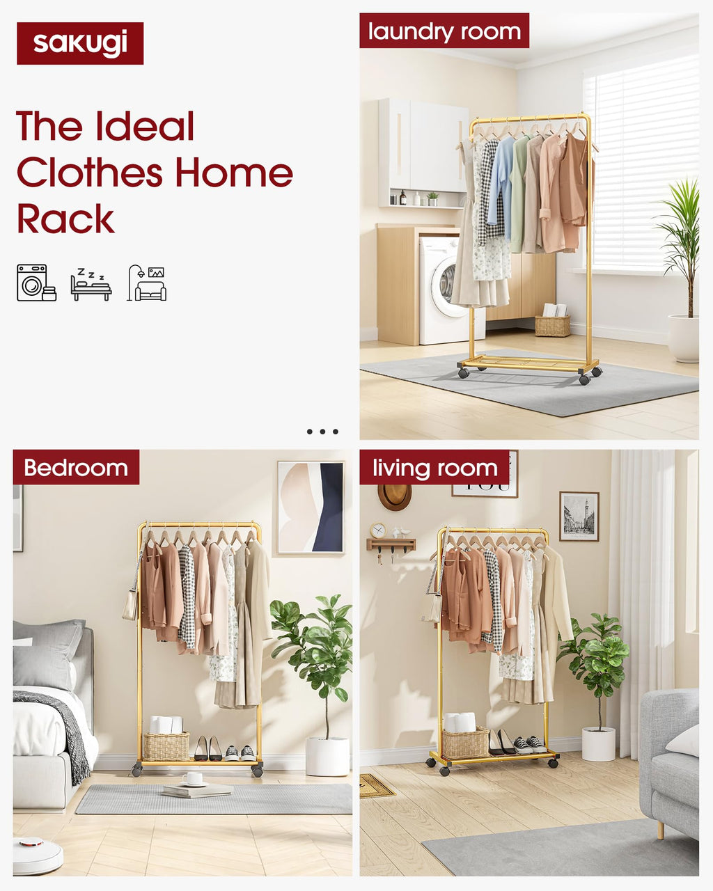 Sakugi Clothes Rack - Clothing Rack with Storage Mesh Shelf & Casters, Heavy-Duty Metal Clothing Rack for Hanging Clothes, Dresses, Coats, Large Load Capacity, Easy Assembly, Gold, 28.0"x16.9"x59.0"