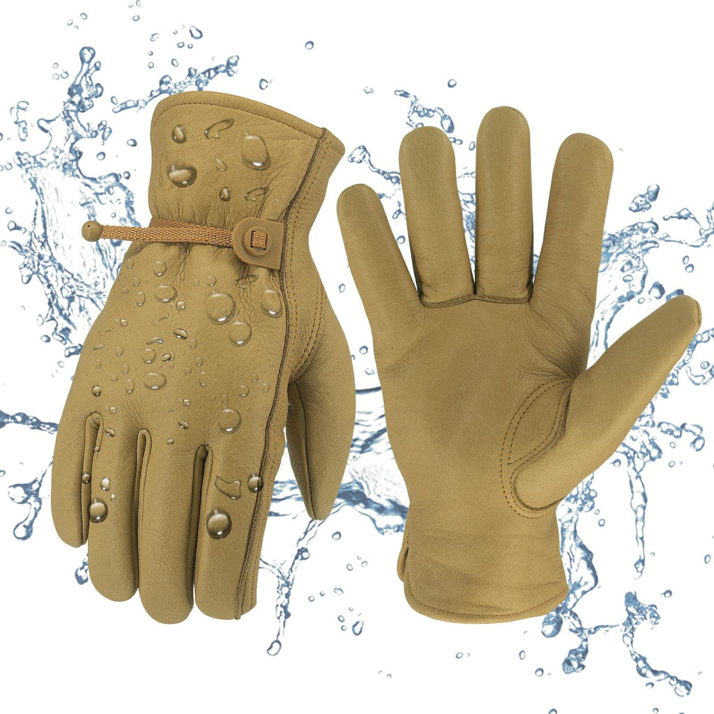 KKOYING Leather Work Gloves Waterproof Gardening Gloves for Men & Women Tough Cowhide Work Gloves with Adjustable Wrist (Small)