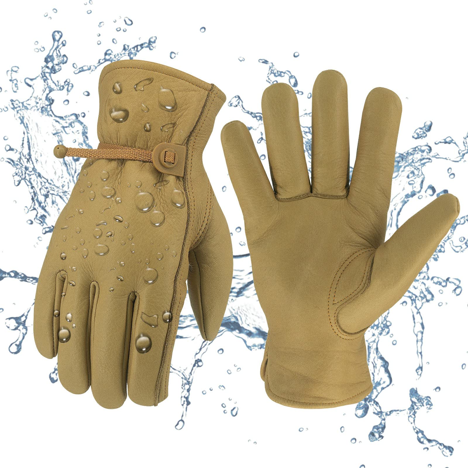 KKOYING Leather Work Gloves Waterproof Gardening Gloves for Men & Women Tough Cowhide Work Gloves with Adjustable Wrist (Small)