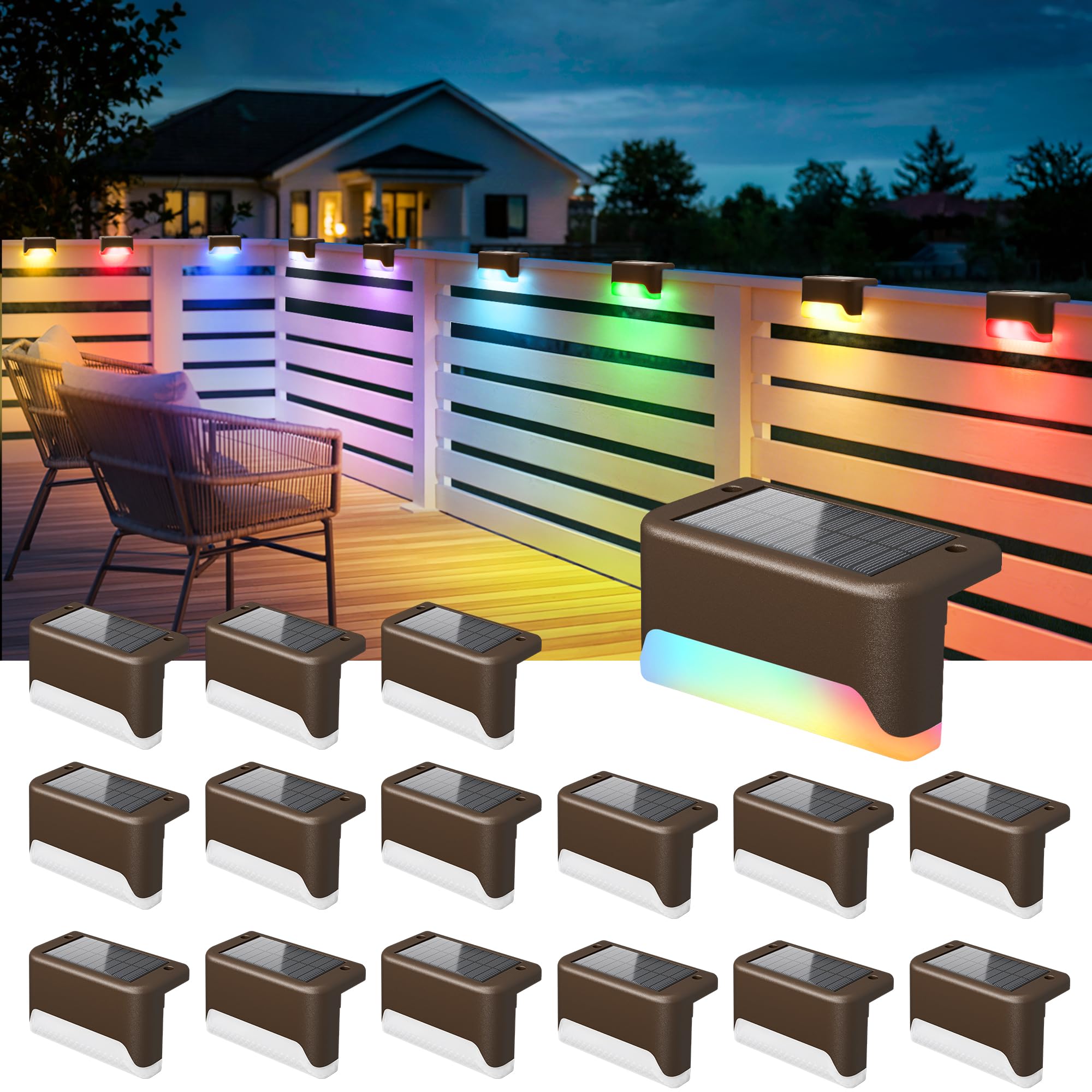 SOLPEX Solar Deck Lights Outdoor, Solar Fence Lights Waterproof LED Step Light for Outside, Garden, Stair, Patio, Yard, Railing, Front Porch, Balcony Decor(16 Pack RGB)
