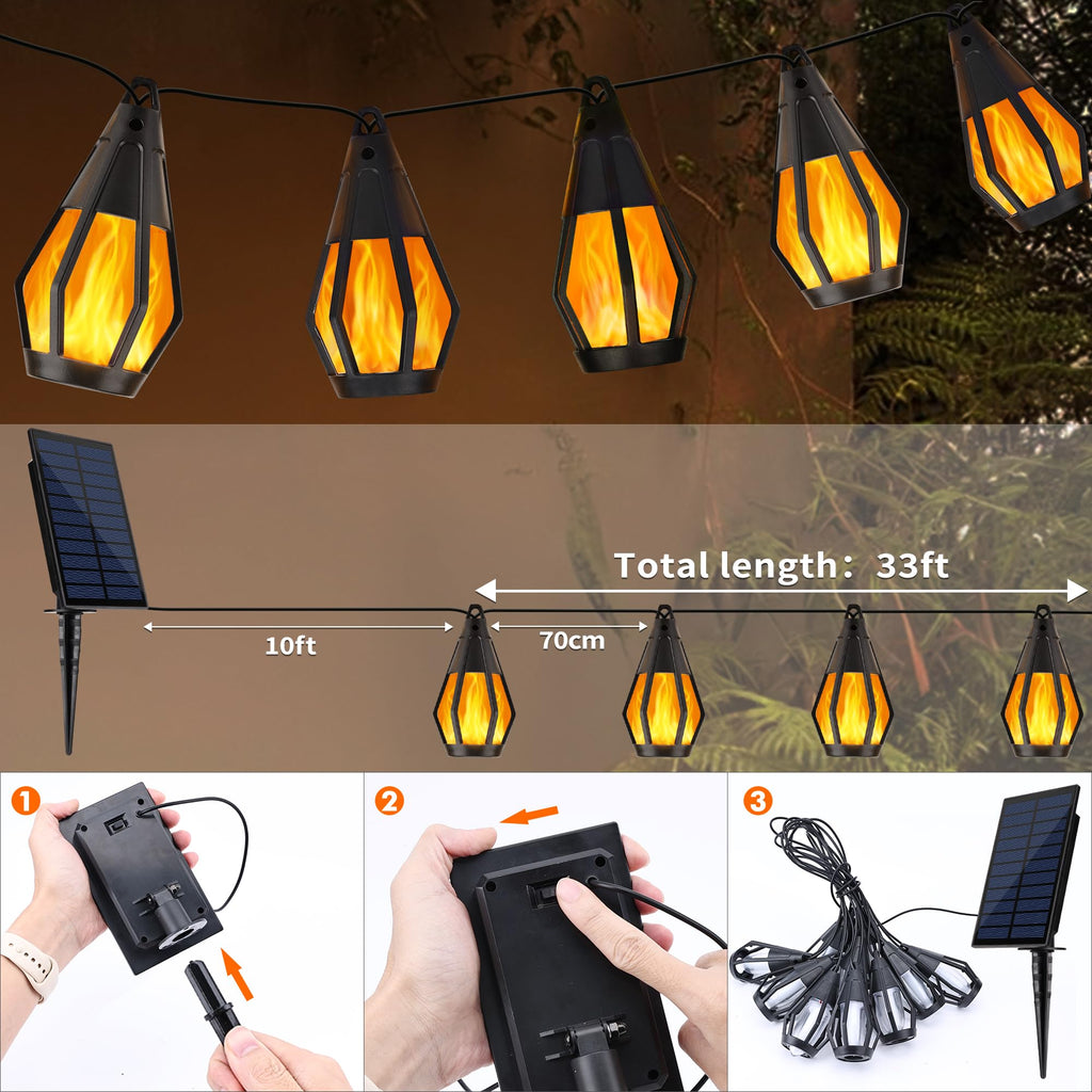 Solar String Lights for Outside, 33Ft Solar Patio Light with 15 Flickering