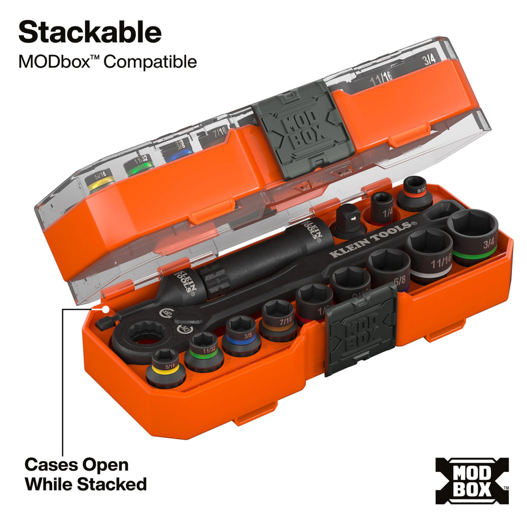 Klein Tools 65400 KNECT 15-Piece Pass Through Socket Set, SAE Impact Set with MODbox Case, Sockets, Bits, Accessories and 3/8-Inch Drive Adapter