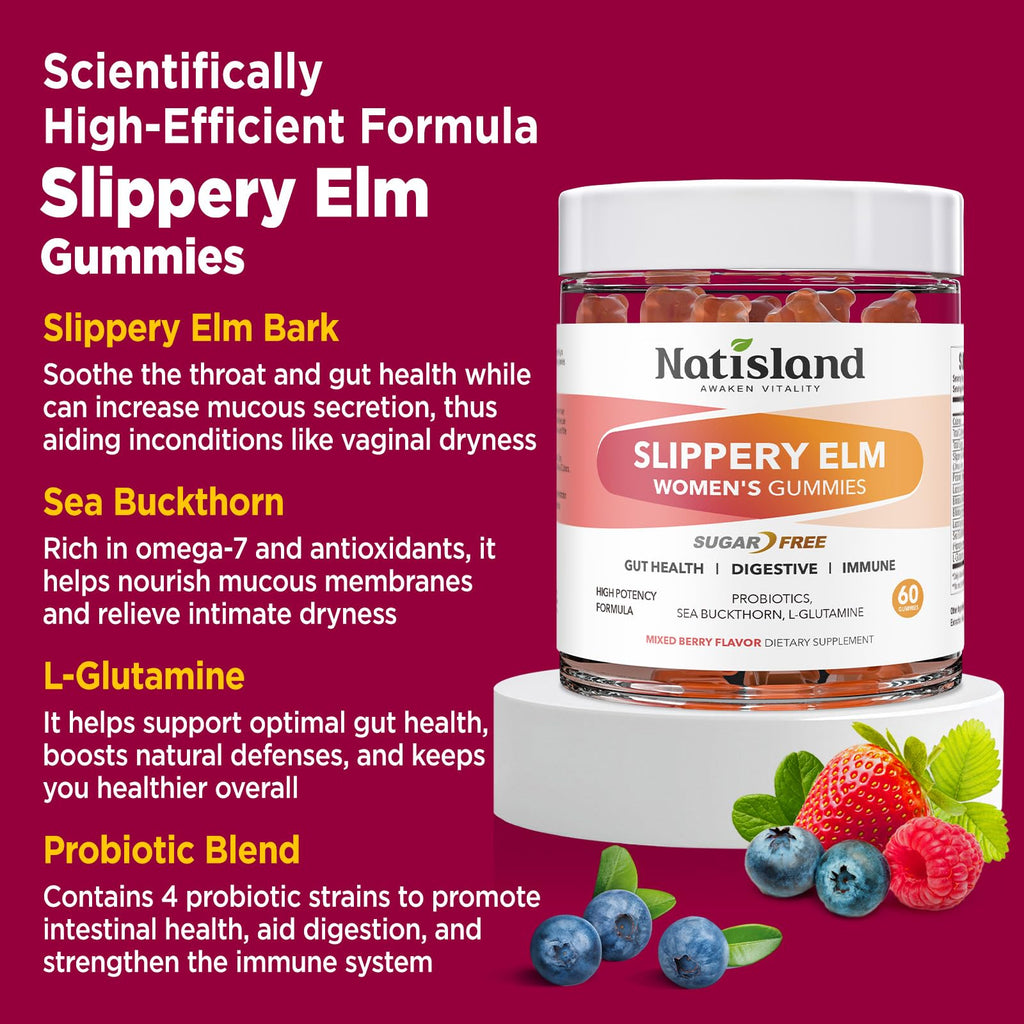 Slippery Elm for Women Gummies, Organic Slippery Elm Bark Extract with Probiotics, Sea Buckthorn, L-Glutamine for Gut & Digestive Health, Throat & Respiratory Support, Sugar Free, Vegan, 60 Gummies