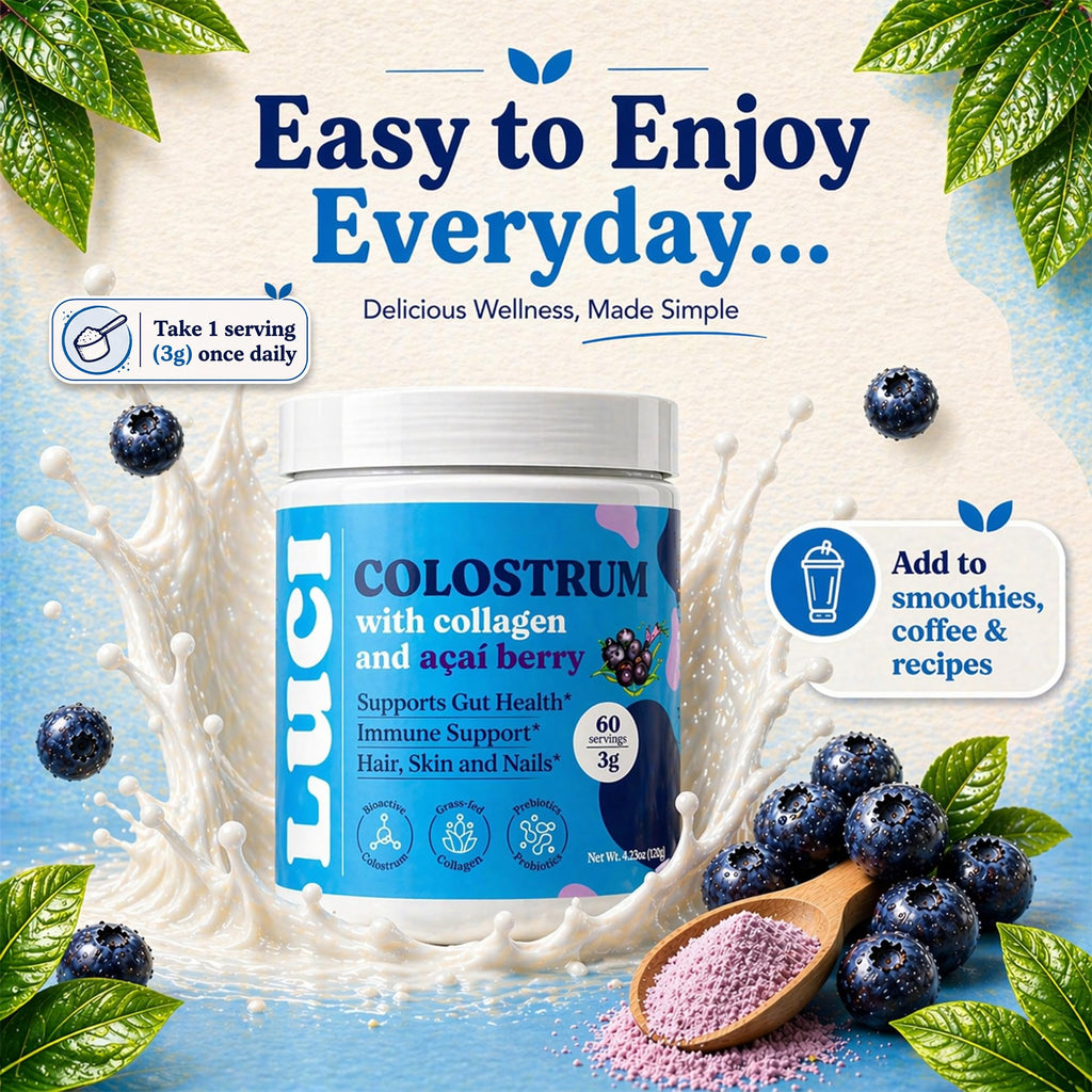 Luci Colostrum Powder 60 Servings 3 in 1 with Collagen Peptides and Acai, Bovine Colostrum for Gut Health, Bloating, Collagen Protein for Muscle, Skin, Hair, Nails and Immunity, Gluten & Fat Free 180g