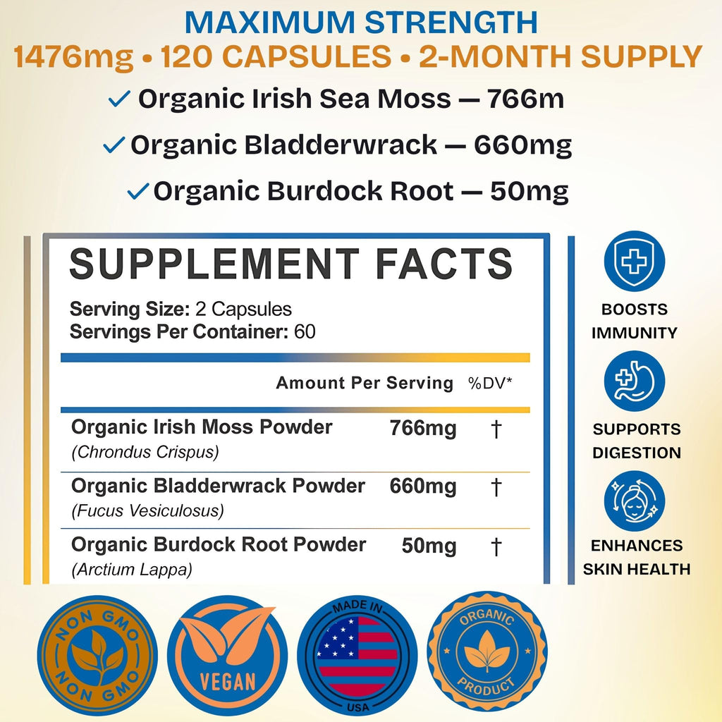VIVANUTRA Organic Wildcrafted Sea Moss Capsules, 1476mg, Nova Scotia, 120ct
