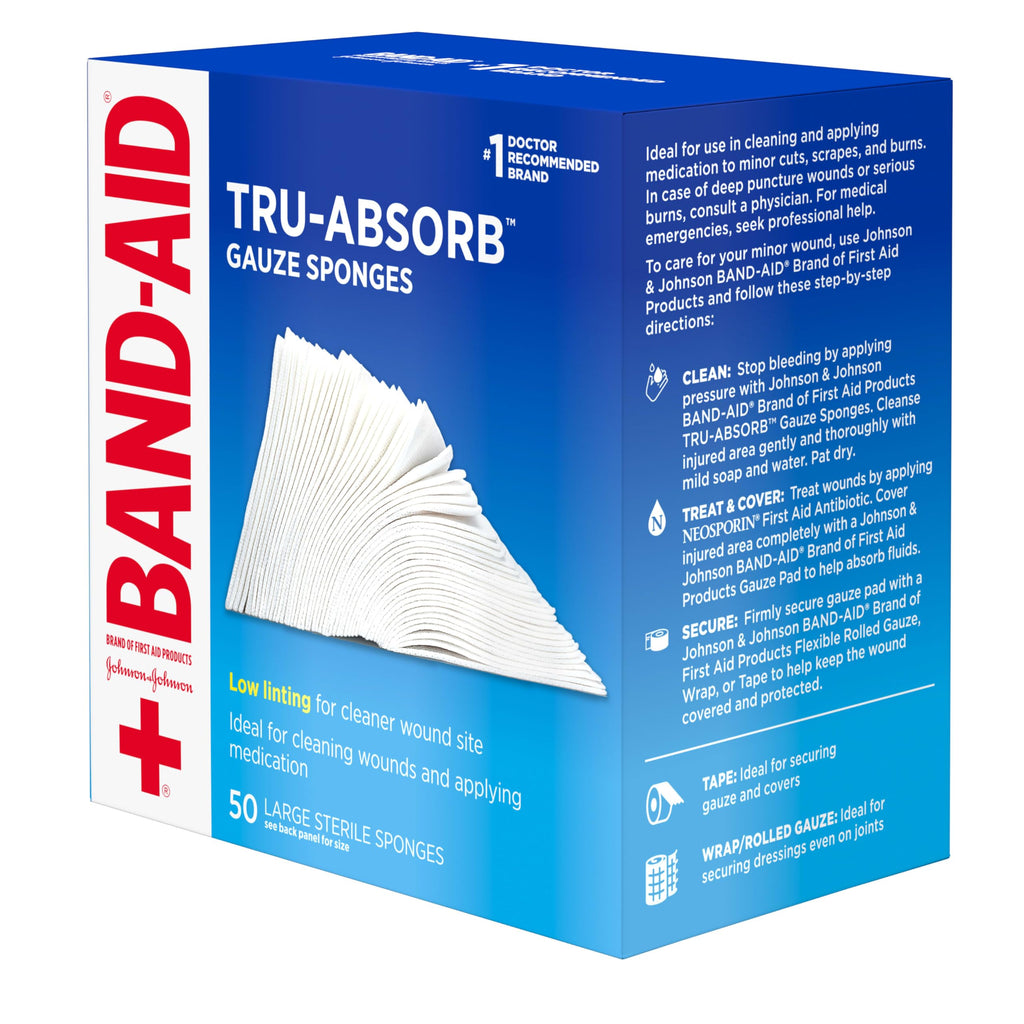 BAND-AID Brand Tru-Absorb Gauze Sponges, Large Size, 4 in x 4 in, 50 Count