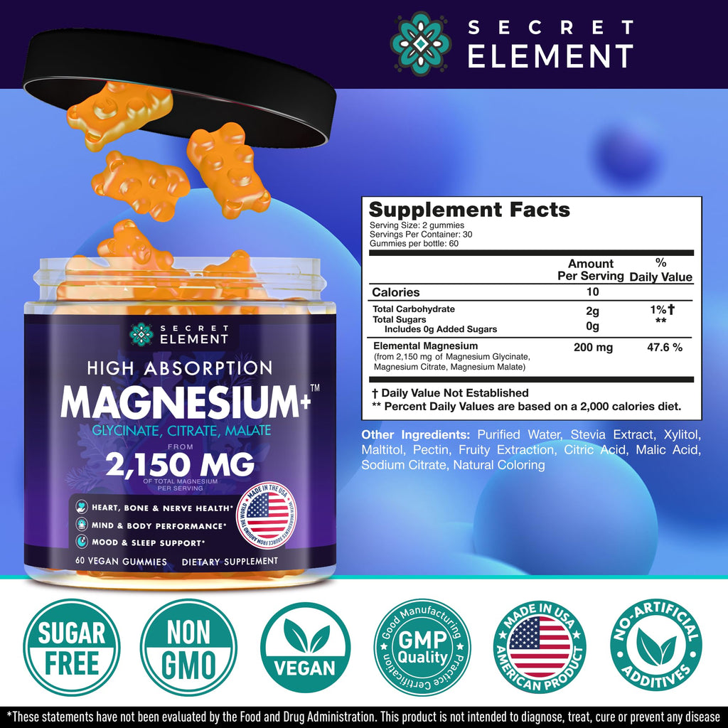 Magnesium Glycinate 2150MG Gummies for Women and Men, High Absorption Magnesium Glycinate, Citrate, Malate, Sugar Free, Vegan, 60 Chews, Pack of 2, Orange