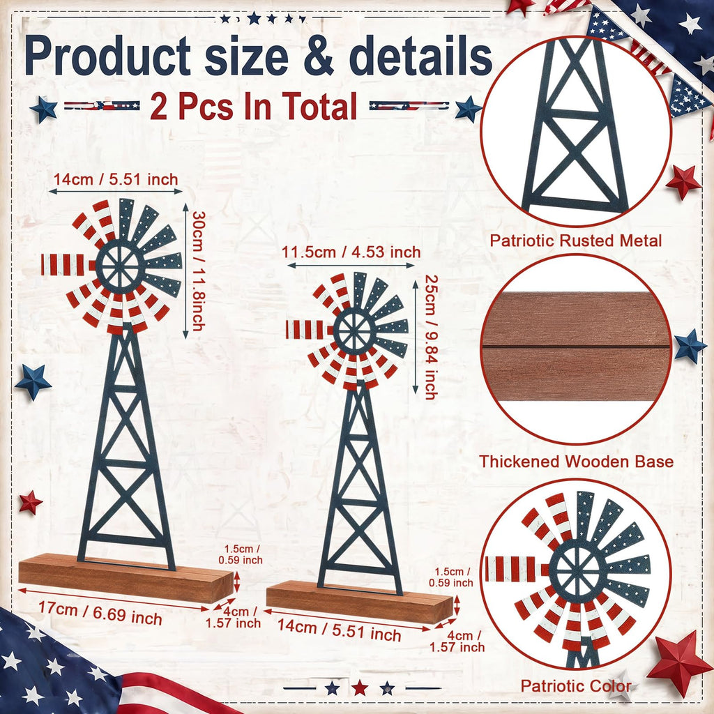 Tandefio 2 Pcs 11.8 Inch Metal Patriotic Farmhouse Windmill Tabletop Decor