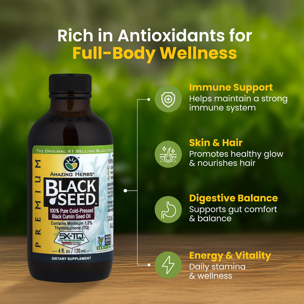 Amazing Herbs Premium Black Seed Oil - Gluten Free, Non GMO, Cold Pressed Nigella Sativa Aids in Digestive Health, Immune Support, Brain Function, Joint Mobility - 4 Fl Oz (Pack of 2)