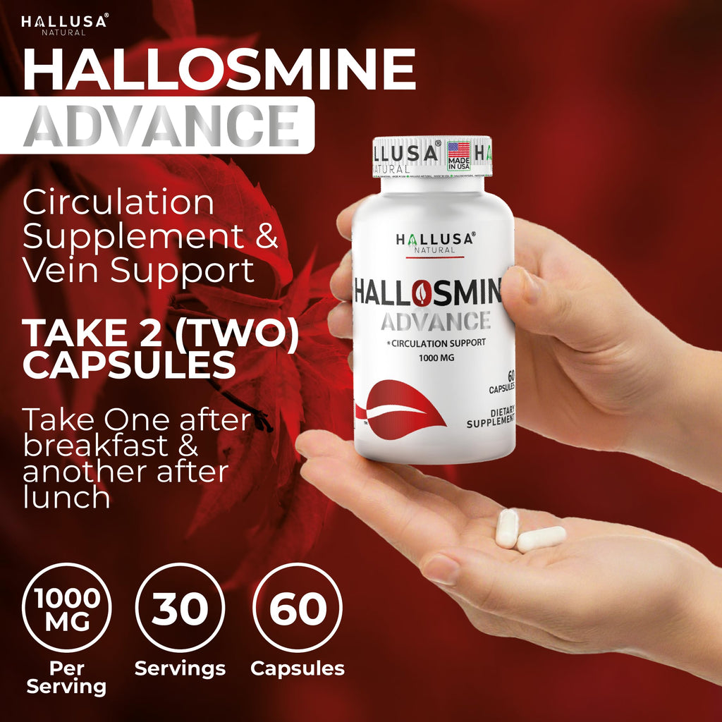 Hallusa Natural Hallosmine Advance Diosmin 1000mg + Bonus Leg Cream | Circulation & Vein Support | Swelling & Heavy Legs, Lymphatic Drainage, Blood Flow, Vascular Health & Visible Veins, 60 Capsules
