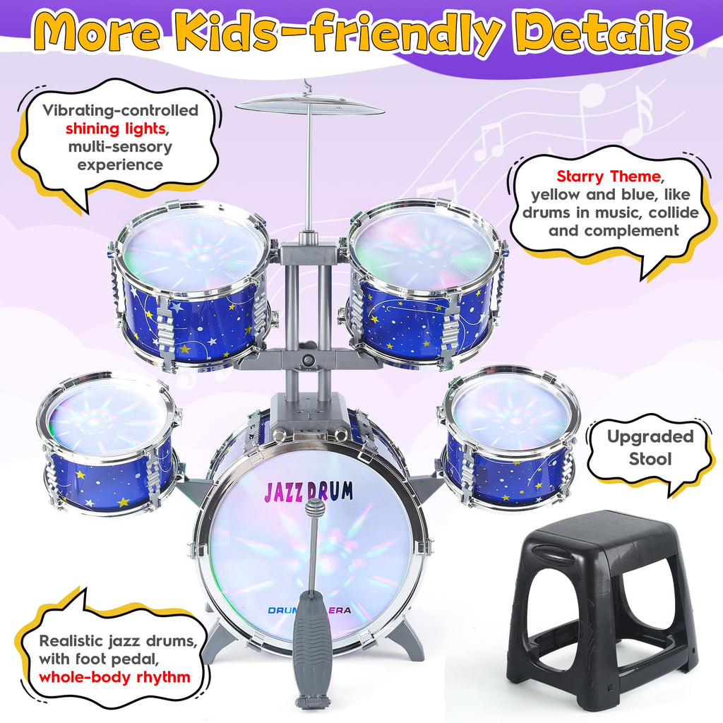 Upgraded Kids Drum Set for Toddlers 1-3, Kids Jazz Drum Ages 3-5, Star Light up Musical Instrument Toys for Boys Girls 2-5 4-6 5-7 ( All Plastic)