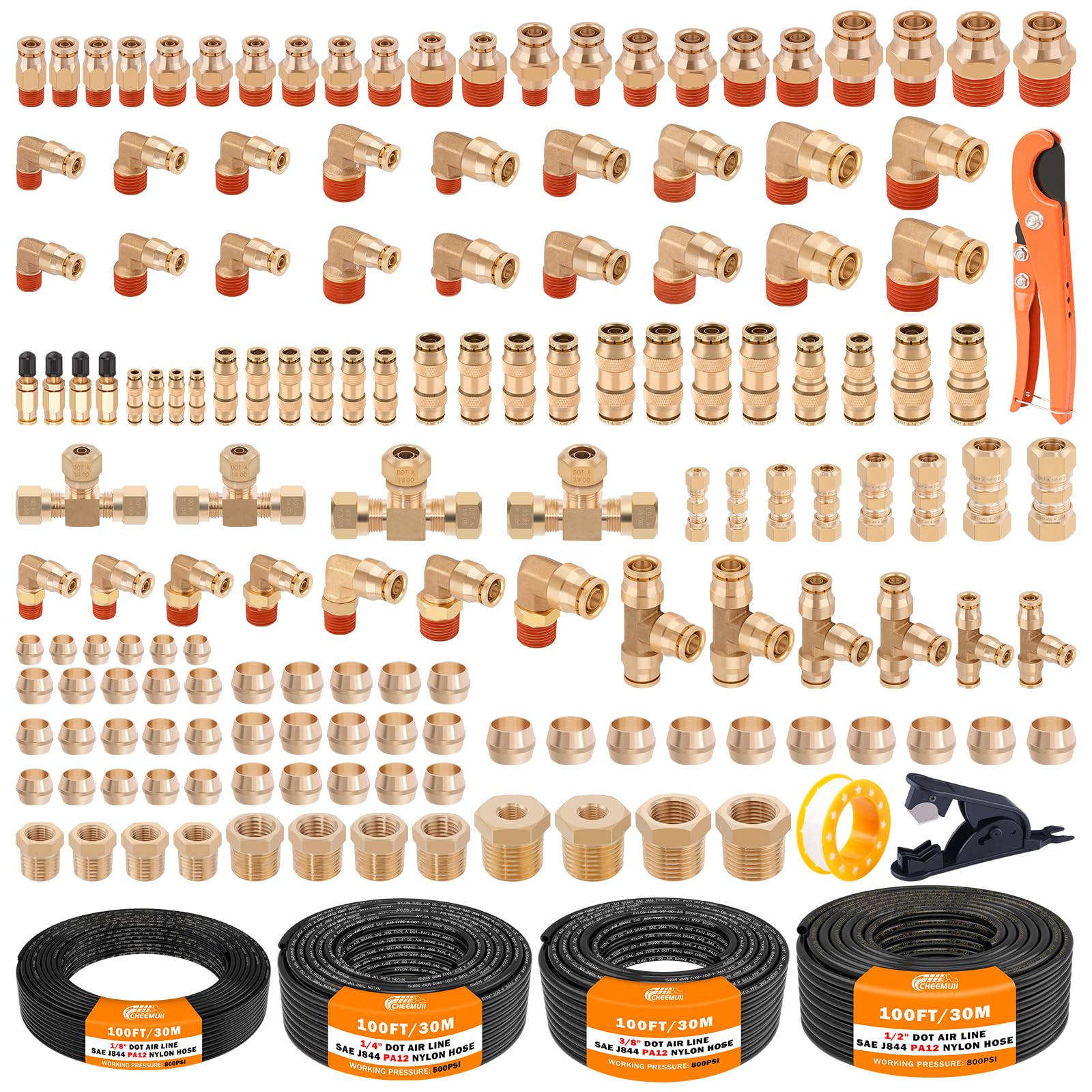 CheeMuii 156 PCS Brass DOT Air Line Fittings with 4 Roll 100FT 1/8" 1/4" 3/8" 1/2" DOT Air Lines Kit Push Lock Air Fitting Quick Connect Air Fittings with Air Hose Pneumatic Tubing