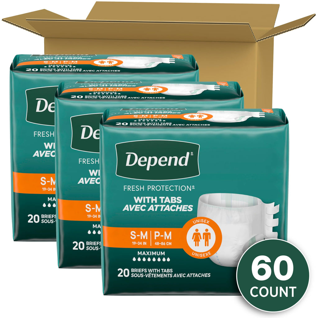 Depend Adult Diapers with Tabs, Incontinence Protection with Tabs, Unisex, Small/Medium (19–34" Waist, Up To 170 lbs), Maximum Absorbency, 60 Count (3 Packs of 20)