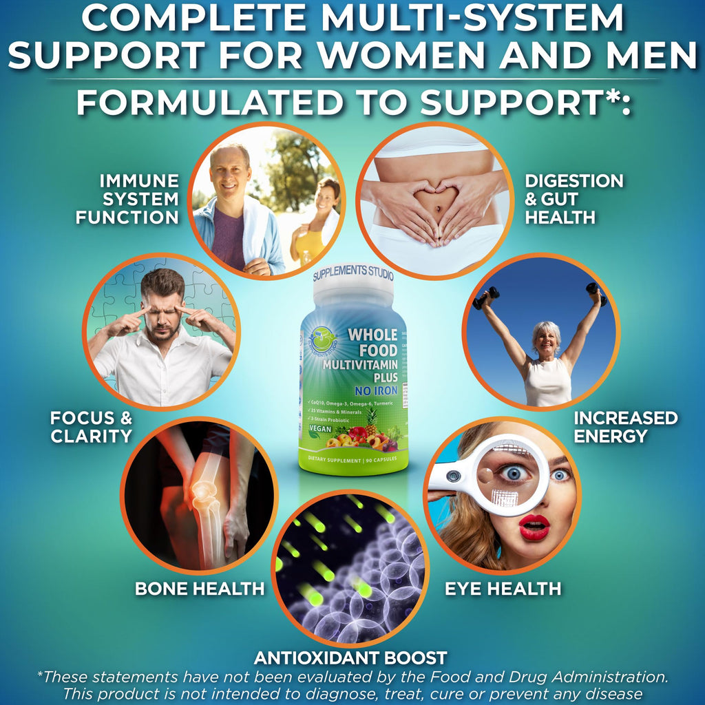 Vegan Whole Food Daily Multivitamin Without Iron, Methylated Multivitamin for Women and Men, Made with Fruits & Vegetables, B-Complex, Probiotics, Enzymes, CoQ10, Omegas, Turmeric, Non-GMO, 90 Count